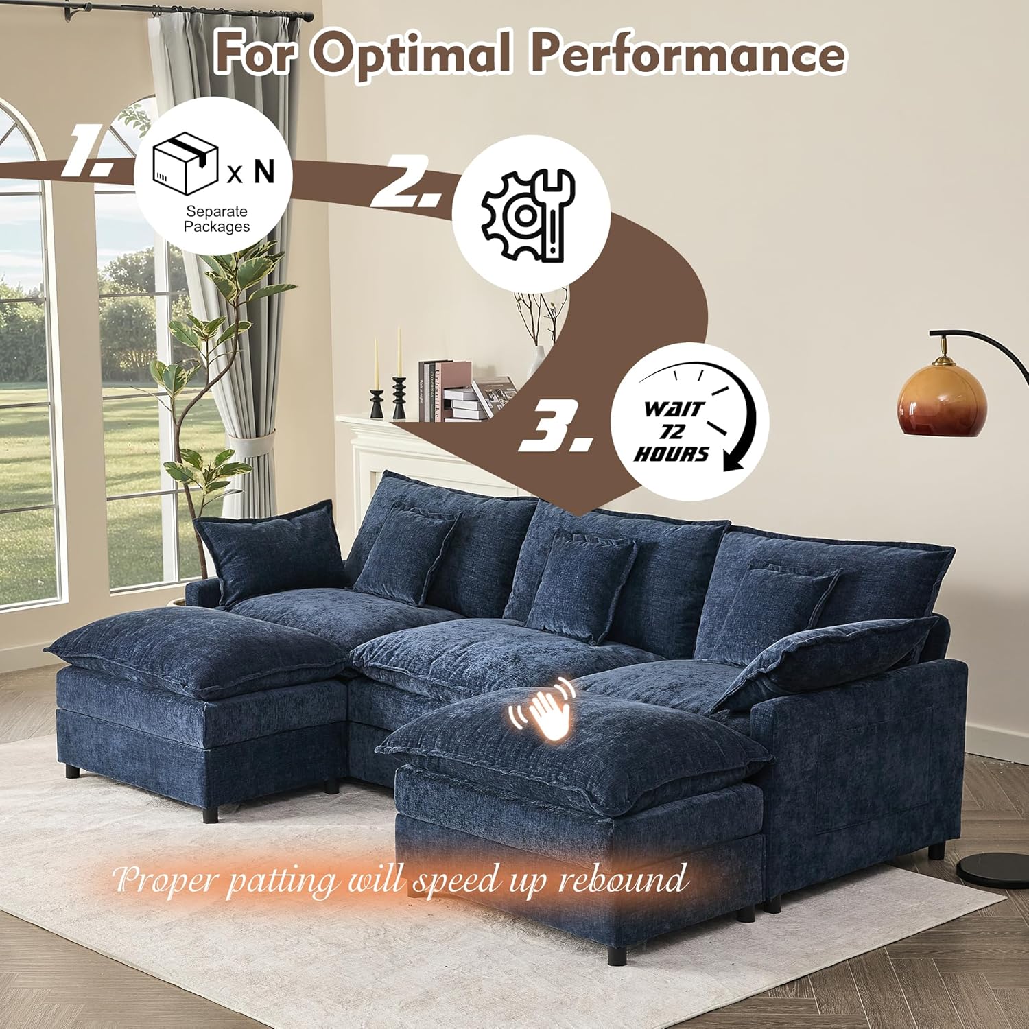 108 U Shaped Couch, Modular Sectional Sofa, 3-Seater Comfy Cloud Couch with Movable Ottoman, Deep Seat Couches for Living Room, Chenille, Slate
