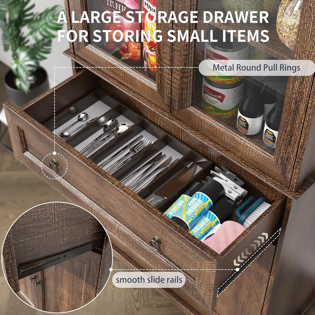 Kitchen Hutch Pantry Cabinet 71 Tall with Glass Doors