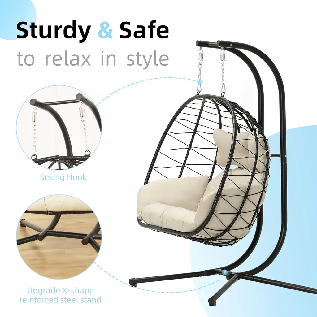 Double Egg Chair Hammock Swing Chair Foldable Hanging Loveseat UV Resistant Cushions