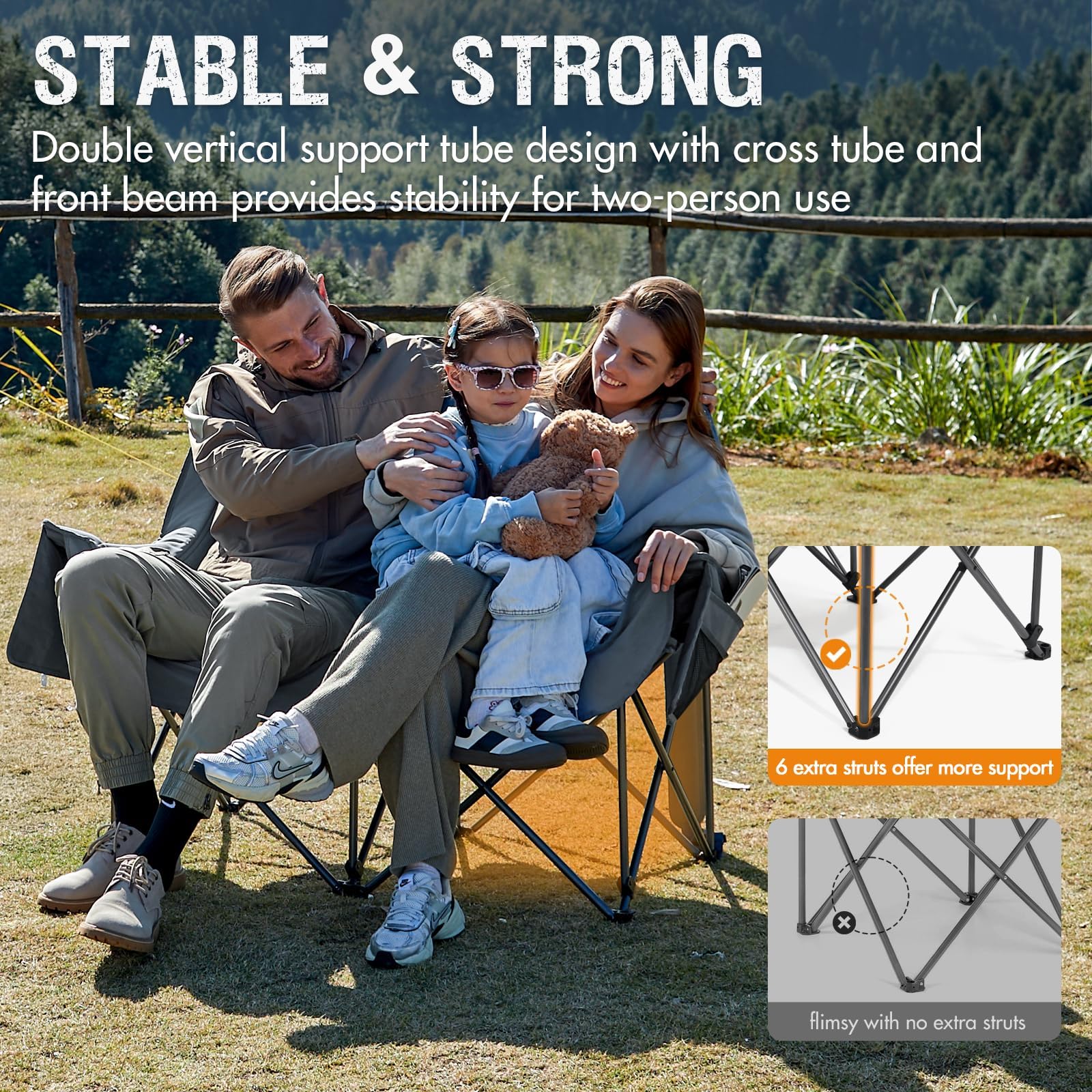 Double Camping Chair for Two Adults Folding Padded Loveseat with Cup Holders and Carry Bag 600 lbs