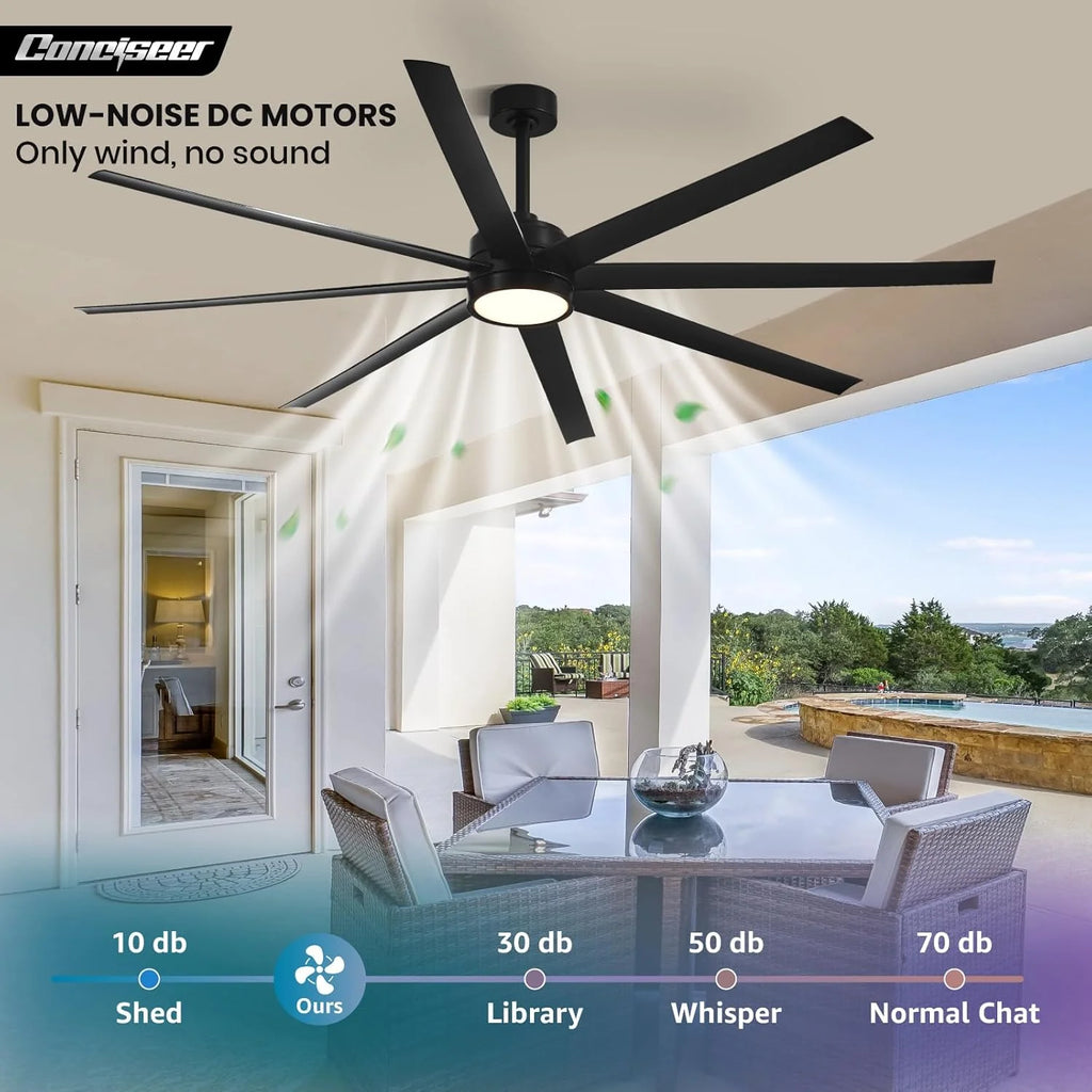 Modern Ceiling Fans with Lights, 72 Inch Ceiling Fan with Light and Remote, Bedroom Living Room Library Cafe Outdoor/Industrial,24W 3CCT Dimmable, 8 Blades 6 Speed Reversible Quiet DC Motor, Black