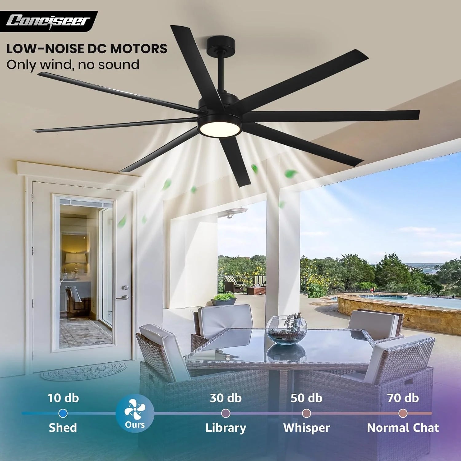Modern Ceiling Fans with Lights, 72 Inch Ceiling Fan with Light and Remote, Bedroom Living Room Library Cafe Outdoor/Industrial,24W 3CCT Dimmable, 8 Blades 6 Speed Reversible Quiet DC Motor, Black
