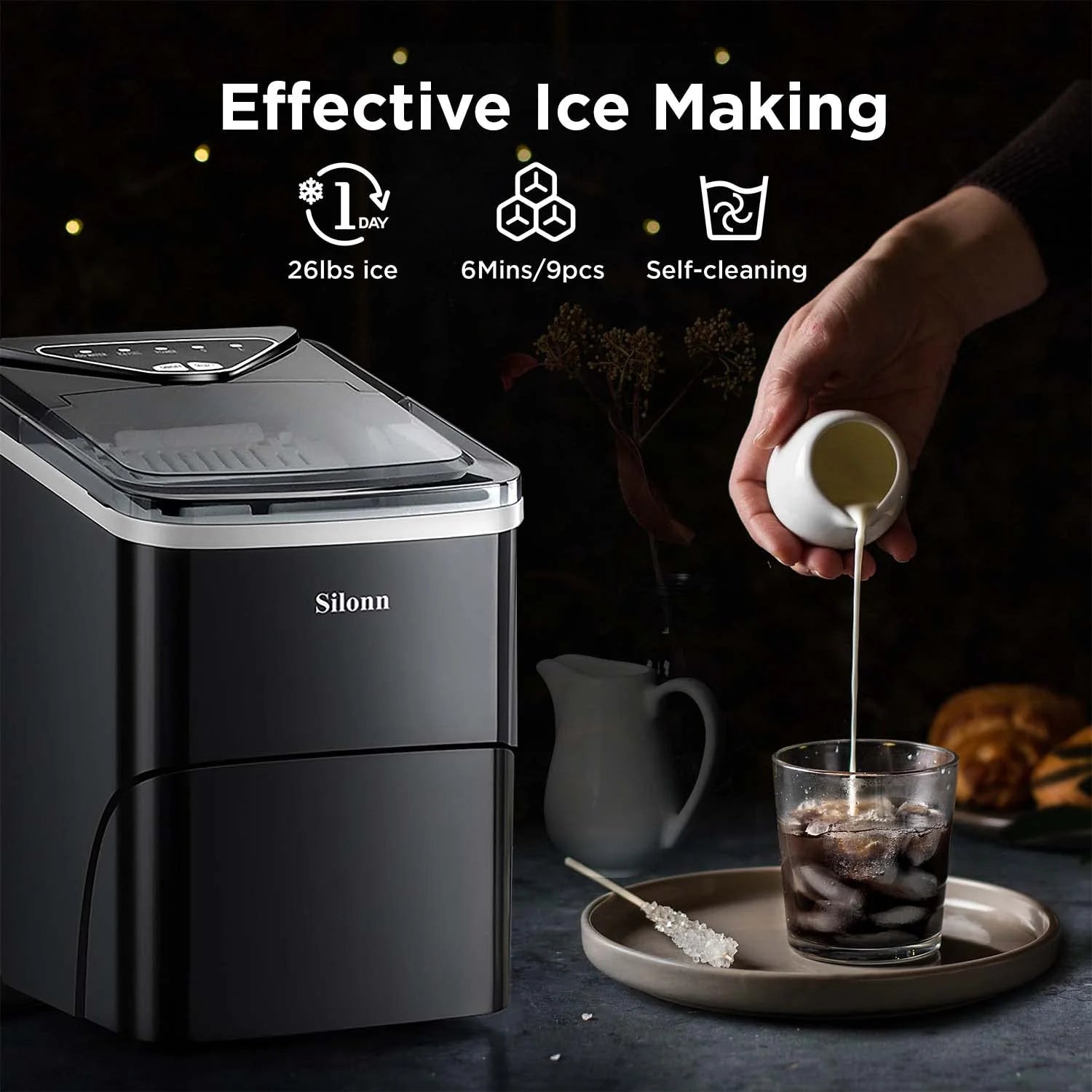 Nugget Ice Maker Countertop, Silonn Chewable Pellet Ice Machine with Self-Cleanin Function, 33lbs/24H Portable Ice Makers for Home Kitchen Officce, Black