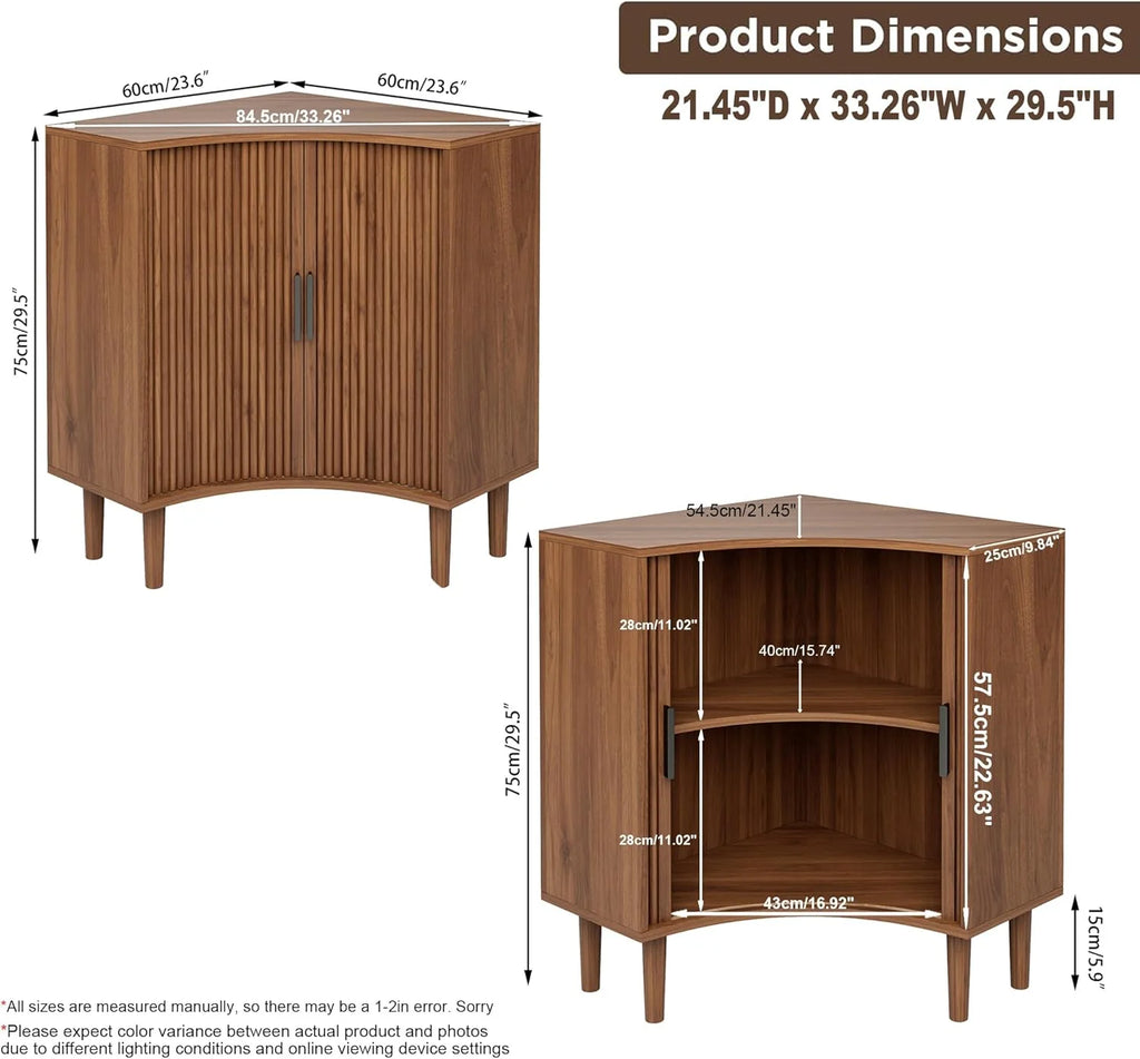 Fluted corner cabinet, small corner base cabinet modern wooden storage organizer