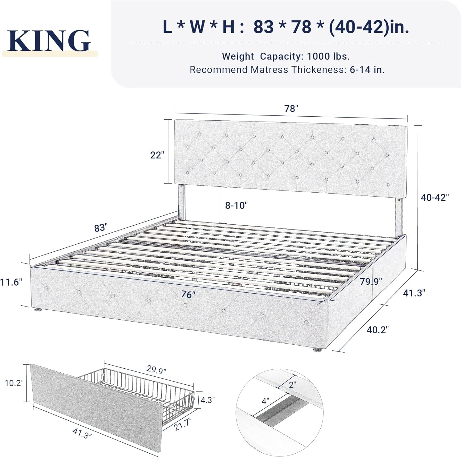 Allewie Upholstered Queen Size Platform Bed Frame with 4 Storage Drawers and Headboard