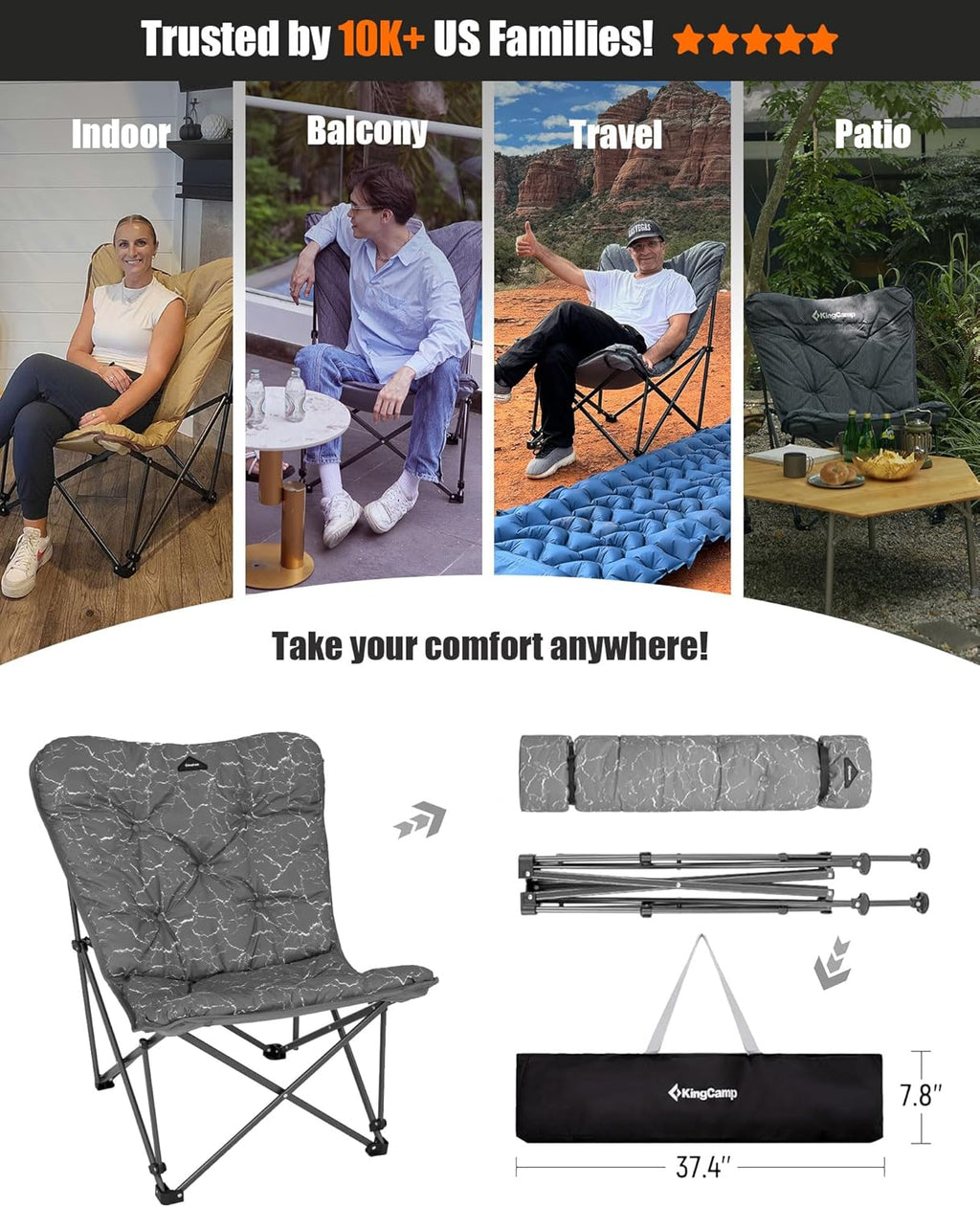 KingCamp Butterfly Chair, Oversized Thick Padded Comfy Camping Chairs Portable Folding Chair 400lbs Heavy Duty Seat with High Backrest & Carry Bag for Outdoor Indoor Patio Lawn Home Living Bed Room