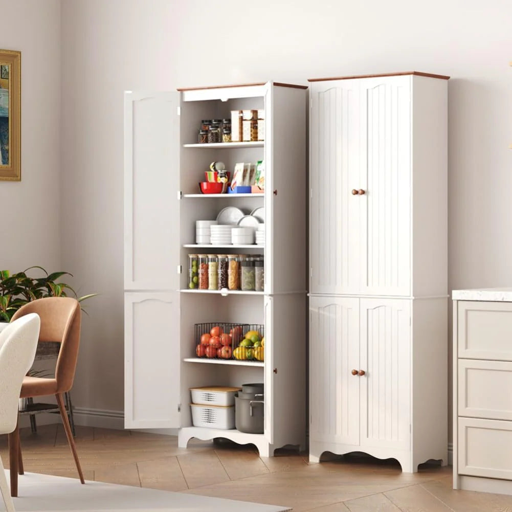Tall Pantry Cabinet, Freestanding Storage Cabinet, Wooden Kitchen Pantry with 4 Doors and 5 Shelves, 72 Floor Cabinet Organizer