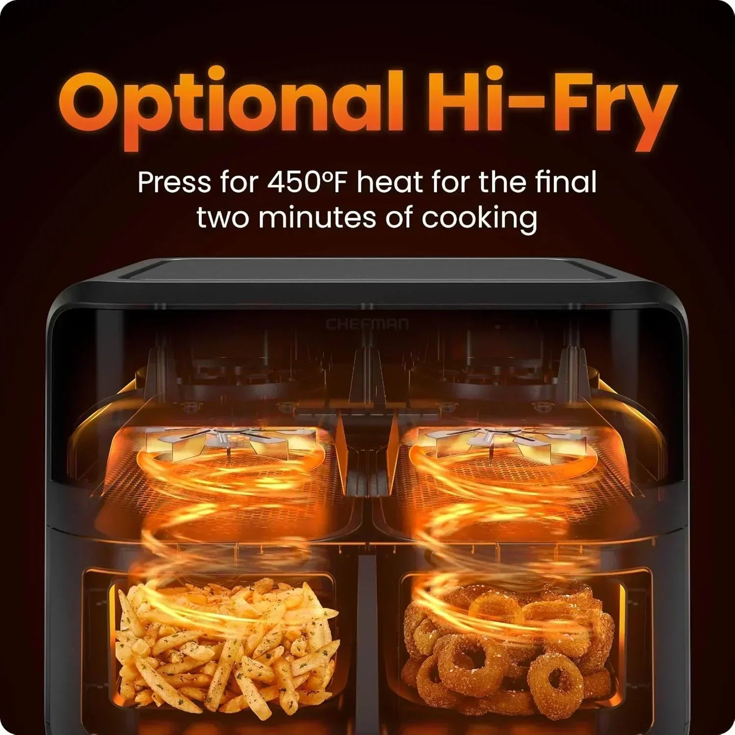 Chefman 6-Quart Double Basket Air Fryer Easy View Window uses two separate nonstick pans