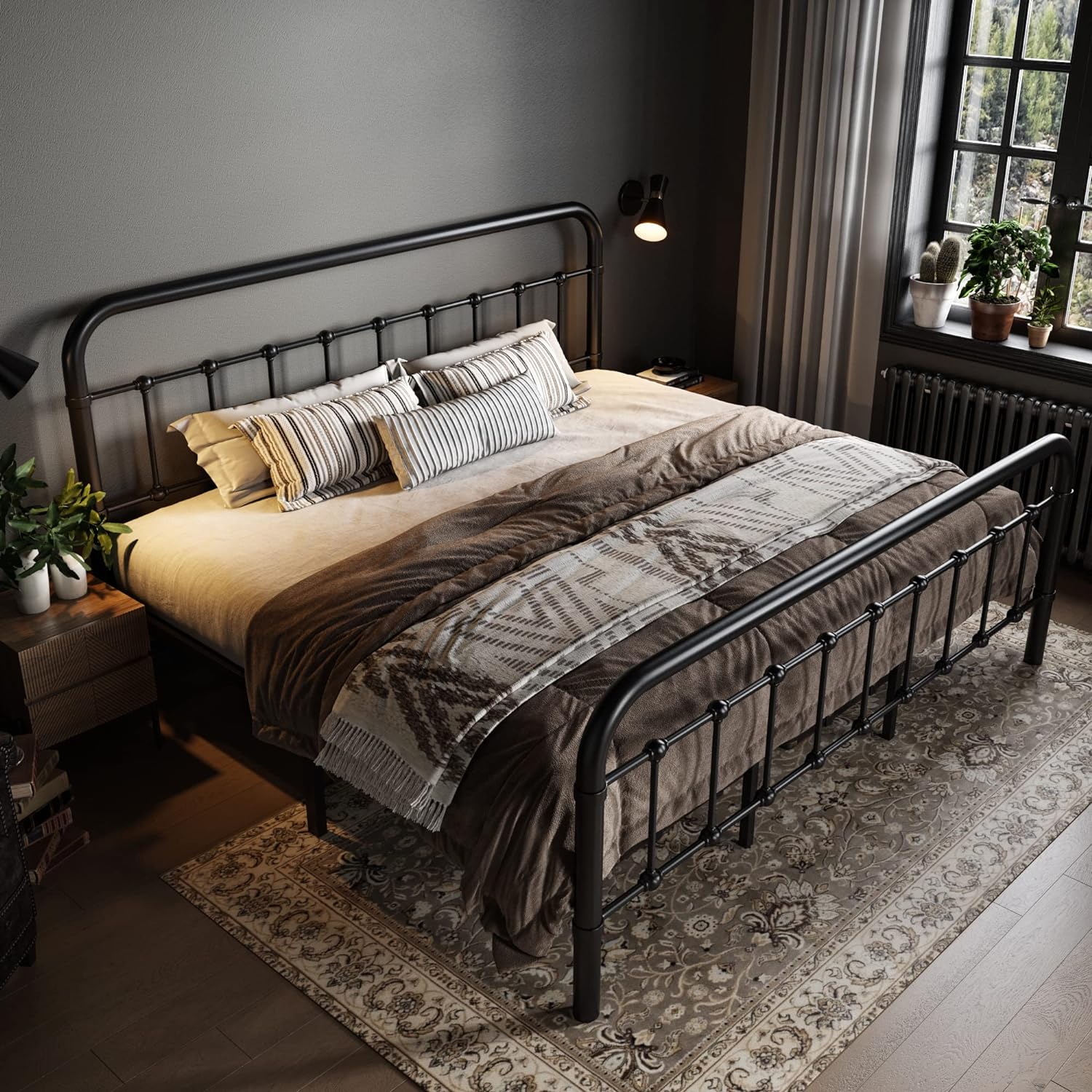 Allewie Queen Size Metal Platform Bed Frame with Victorian Style Wrought Iron-Art Headboard