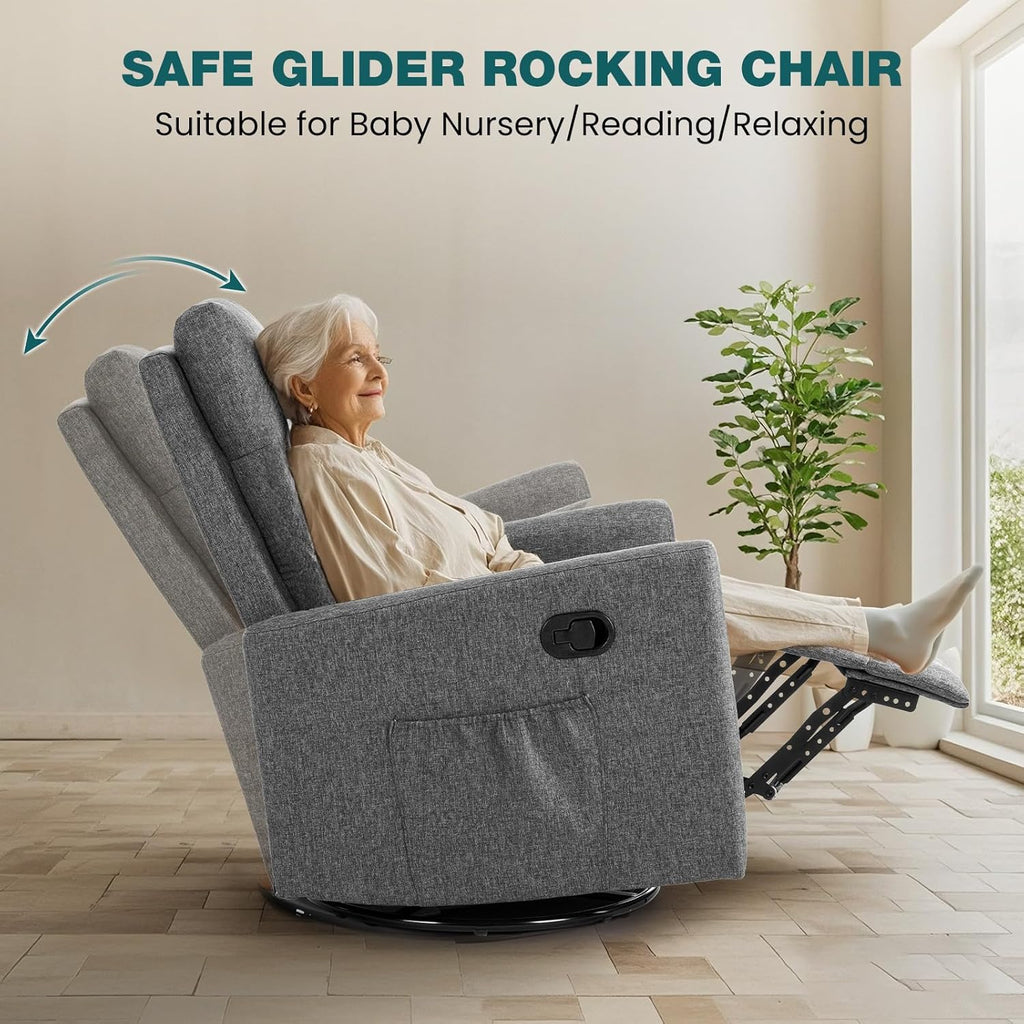 Swivel Rocking Recliner Chair with Extra Large Footrest High Back, Upholstered Glider Nursery Chair for Living Room, Bedroom & Nursery, Comfortable Deep Seat for Relaxation, Grey