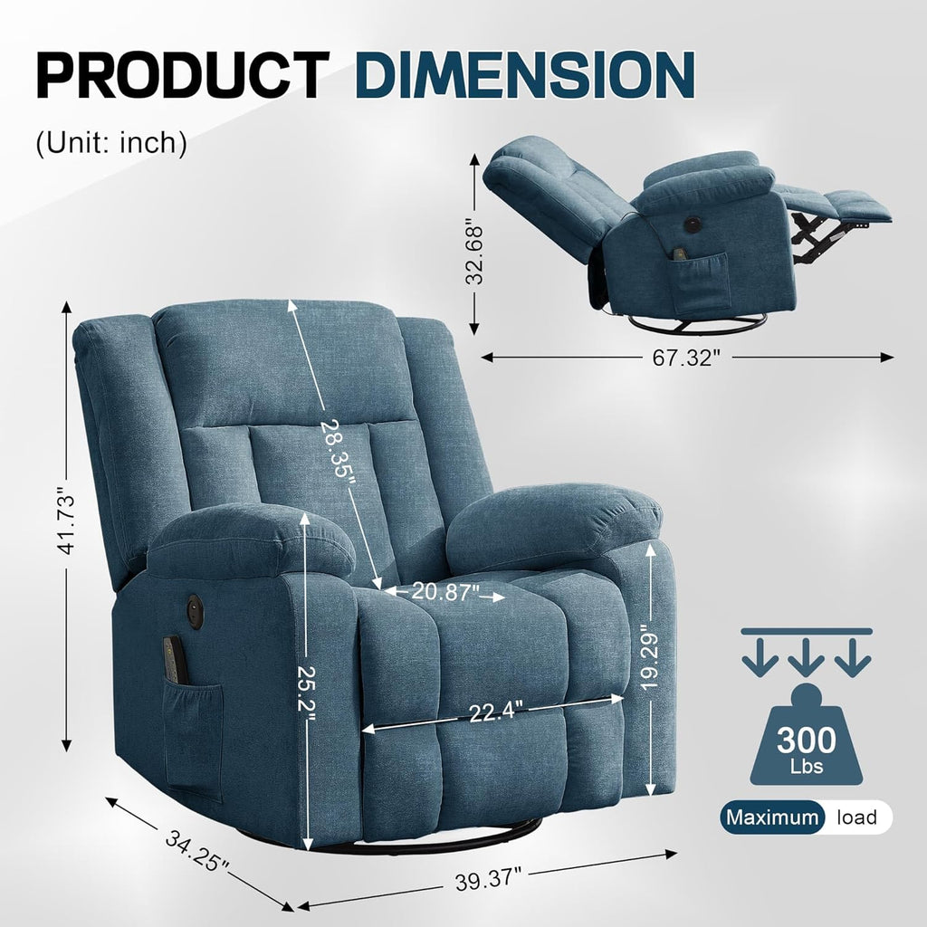 Rocker Recliner, Glider Recliner Chairs for Adults, 360�� Swivel Rocking Chair with Massage and Heating, Nursery Chair