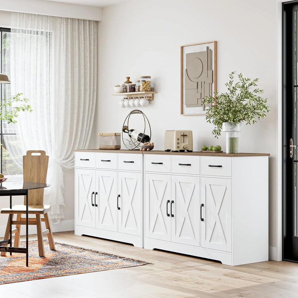 Modern farmhouse sideboard, barn door buffet storage cabinet with drawers and shelves, wooden coffee bar with storage