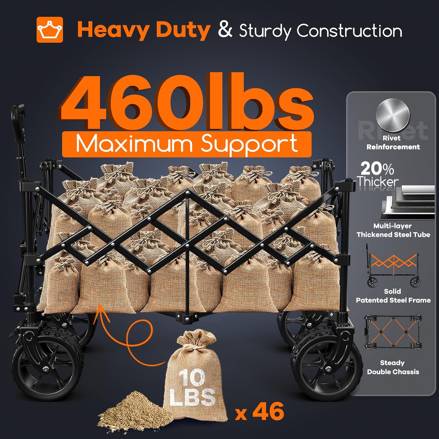 38 long foldable four-wheel stroller, foldable, 460 lb capacity, 220 liter heavy-duty folding beach stroller with large all-terrain tires