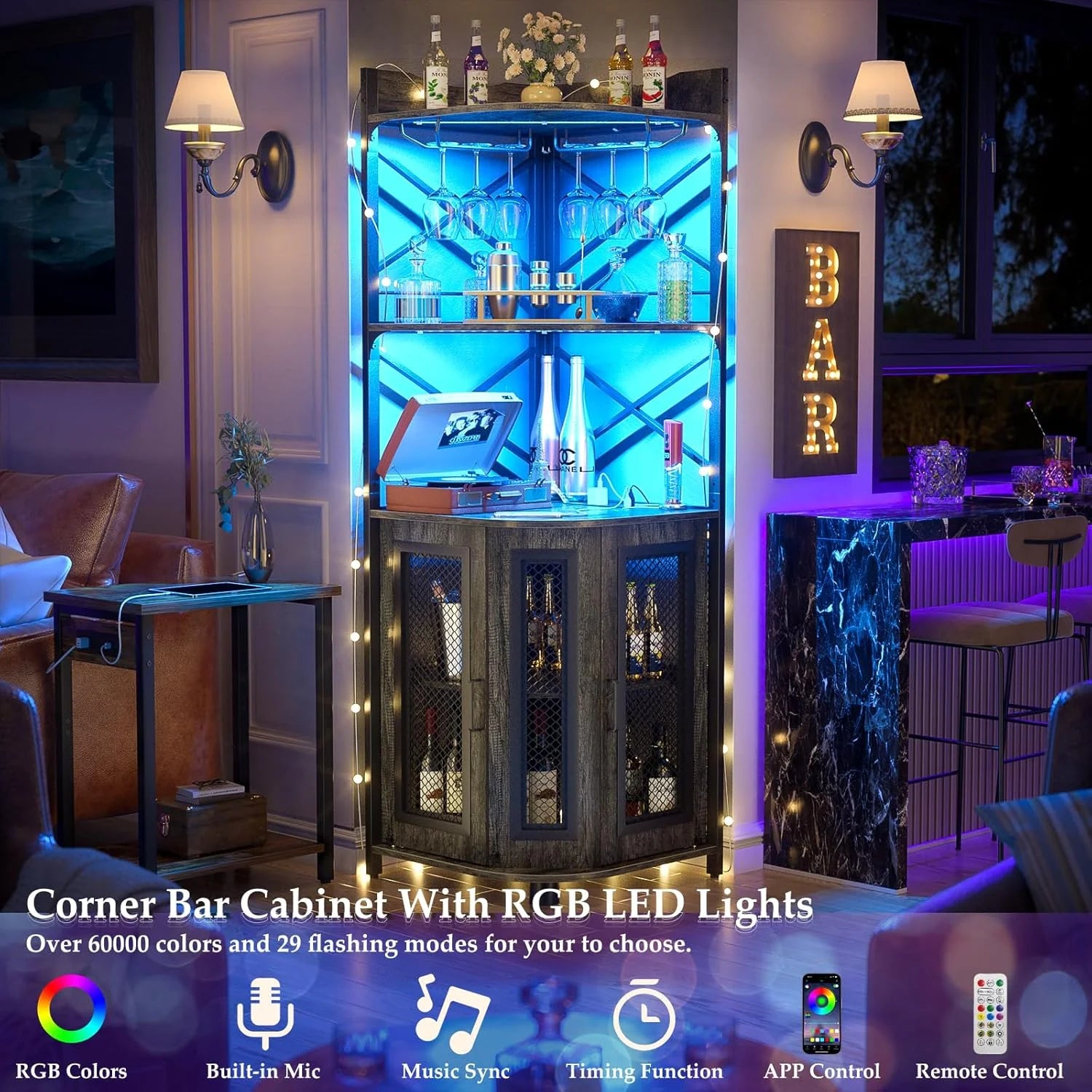 Corner bar cabinet with power socket, industrial style wine cabinet with LED light strip and glass rack, home five-layer wine cabinet bar unit, small space corner display cabinet