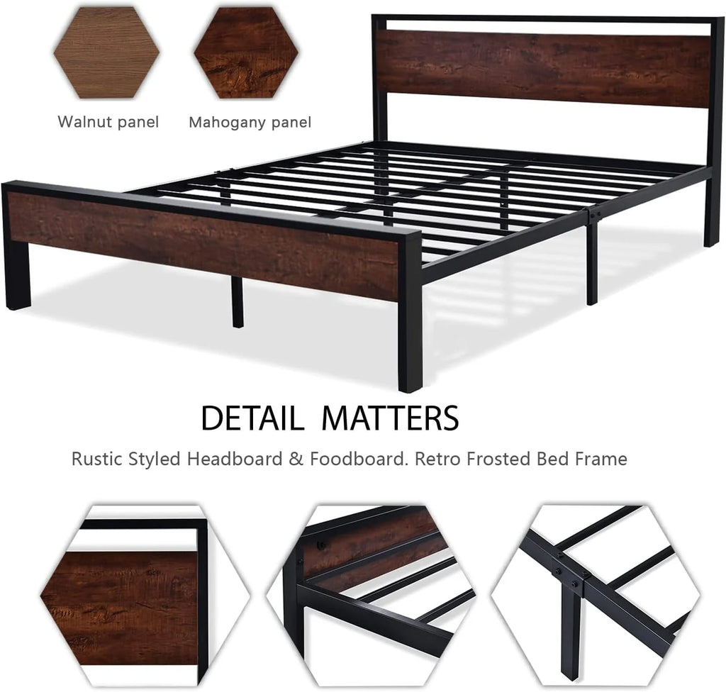 SHA CERLIN 14 Inch Queen Size Metal Platform Bed Frame with Wooden Headboard and Footboard