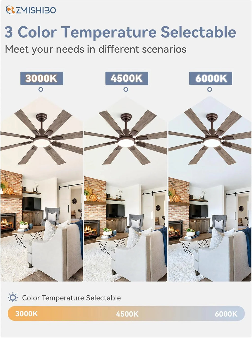 ZMISHIBO 72 inch Large Ceiling Fans with Lights and Remote, Indoor/Outdoor Black Modern Ceiling Fan for Kitchen Living Room Patio, 6 Speed Reversible Quiet DC Motor, 3 CCT, Dual Finish 8 Blades