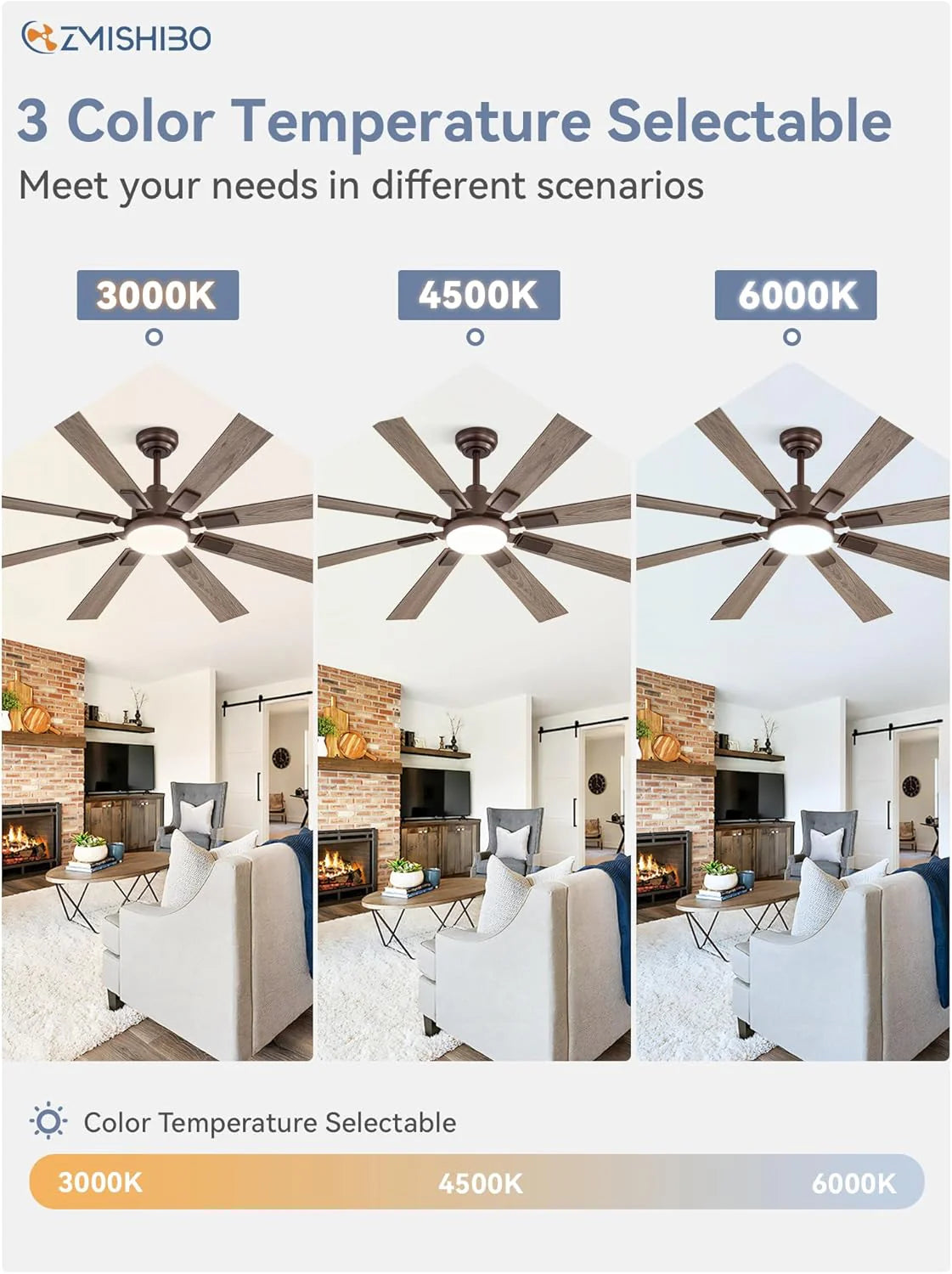 ZMISHIBO 72 inch Large Ceiling Fans with Lights and Remote, Indoor/Outdoor Black Modern Ceiling Fan for Kitchen Living Room Patio, 6 Speed Reversible Quiet DC Motor, 3 CCT, Dual Finish 8 Blades