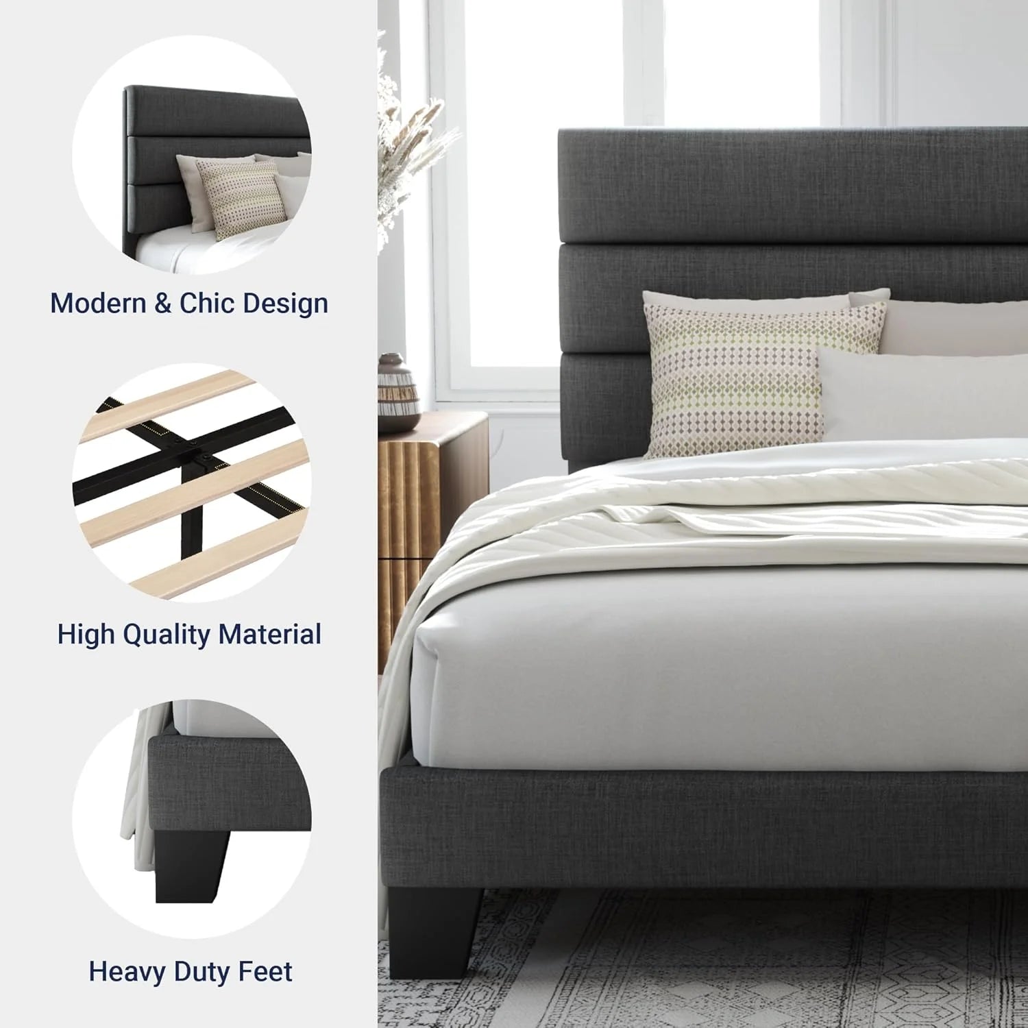 Allewie Queen Size Platform Bed Frame Fabric Upholstered Headboard Wooden Slats Support