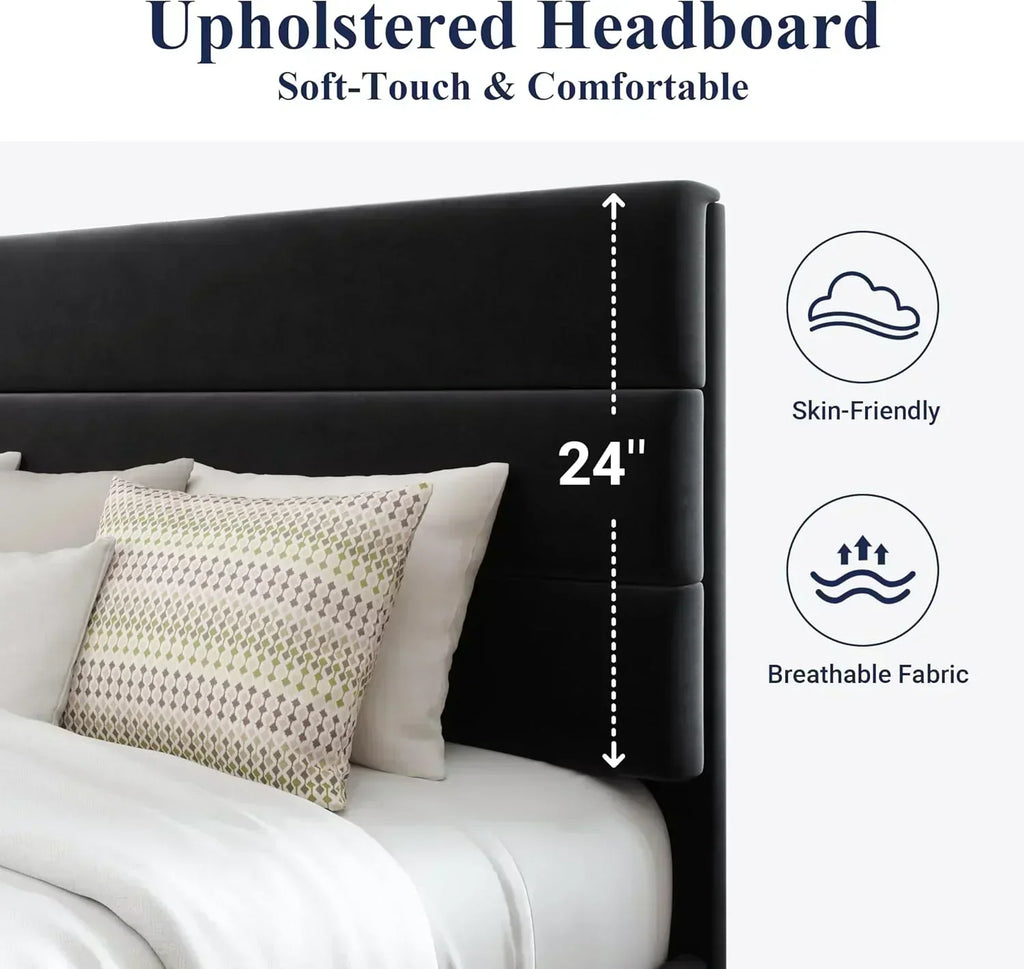 Allewie Queen Size Platform Bed Frame with Fabric Upholstered Headboard Wooden Slats Support