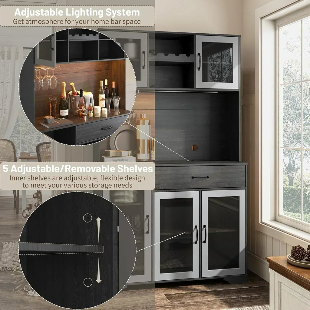 Kitchen Hutch Pantry Cabinet 71 Tall with Glass Doors