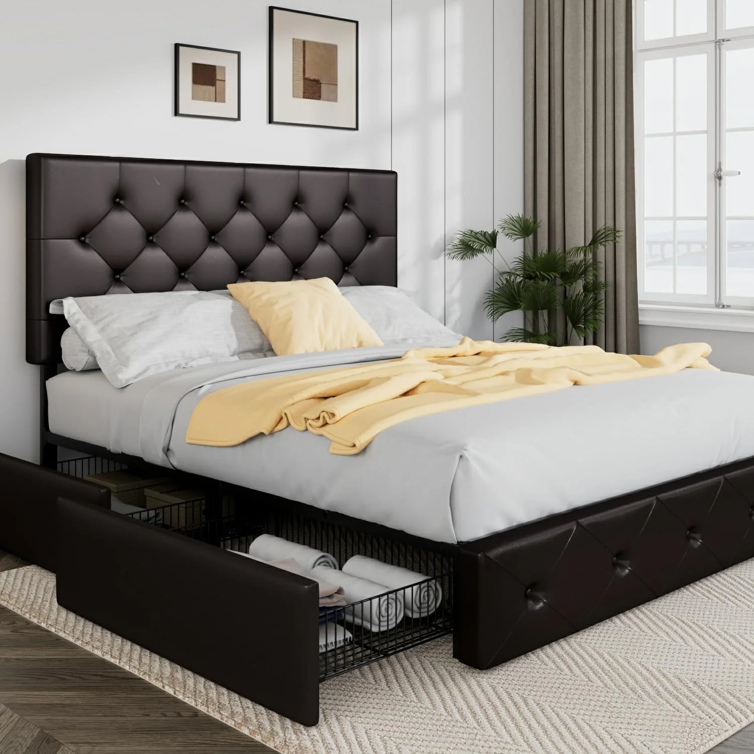 Allewie Upholstered Queen Size Platform Bed Frame with 4 Storage Drawers and Headboard