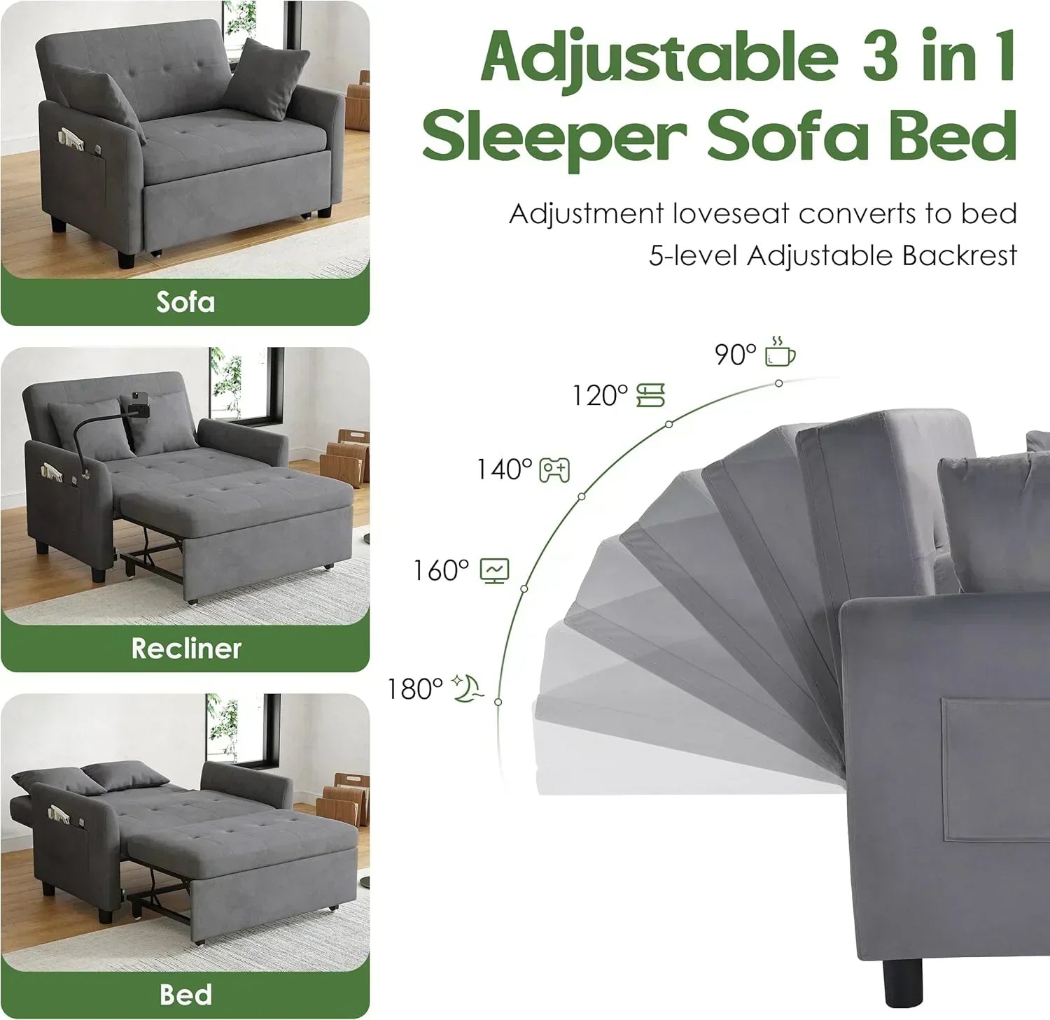 Sleeper Sofa Bed 3 in 1 Convertible Sleeper Couch Bed Pull Out Small Loveseat Sofa