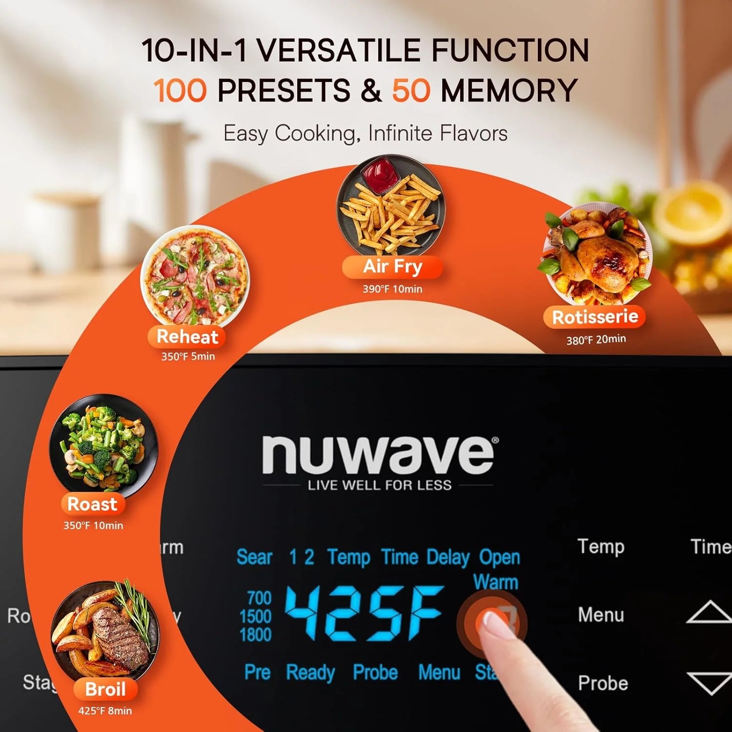 Nuwave Brio 15.5Qt Air Fryer/Oven quickly reheats, bakes, and dehydrates food with a temperature control range of 50��-425��F 1800W.