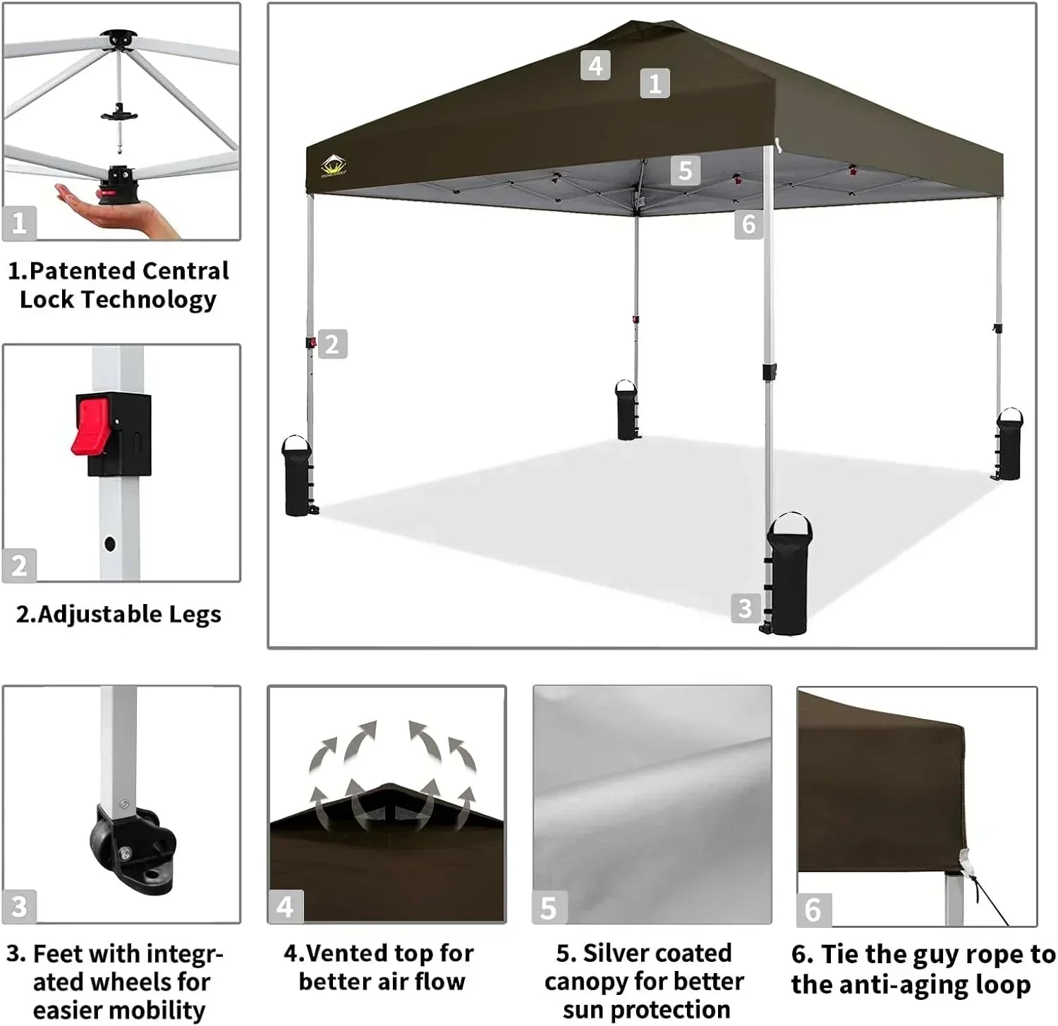 10x10 Pop-Up Awning One-Click Installation Beach Tent Outdoor Sunshade Silver Coated Top