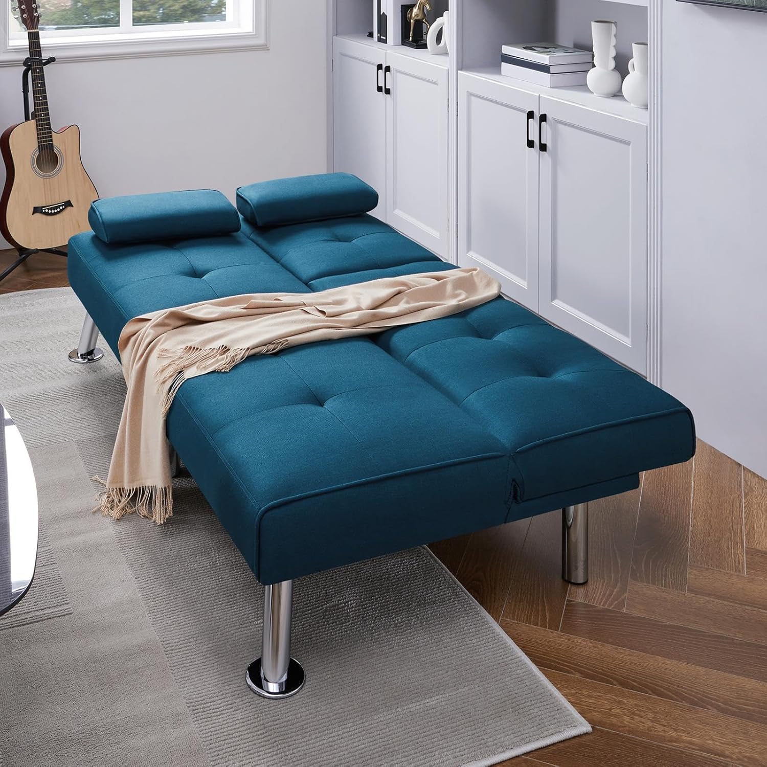 Yaheetech Convertible Sofa Bed Adjustable Couch Sleeper Modern Faux Leather Home Recliner Reversible Loveseat Folding Daybed Guest Bed, Removable Armrests, Cup Holders, 3 Angles, 772lb Capacity, Brown