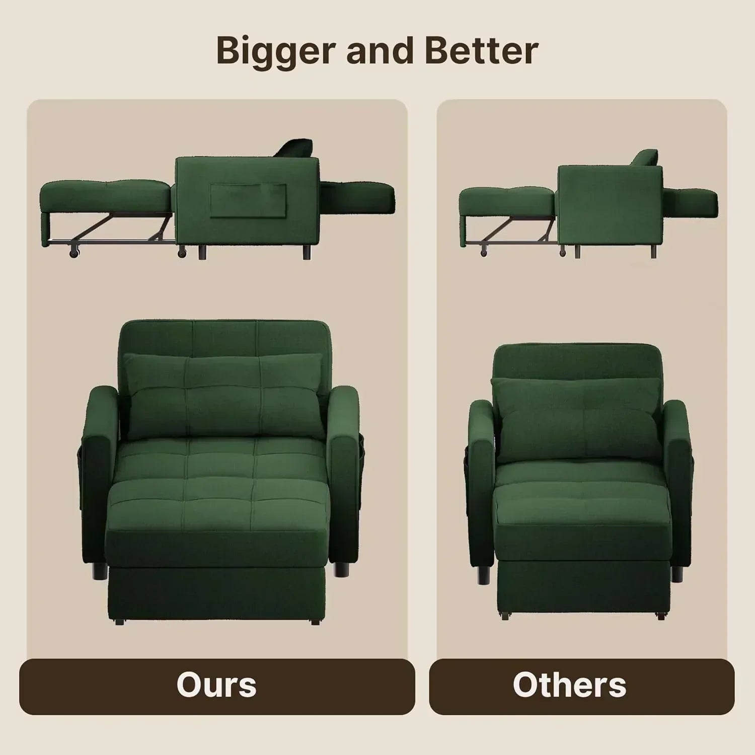 Sofa Bed Chair 3 in 1 Convertible Pullout Single Sleeper Chair Bed Spacious Multifunctional Sofa
