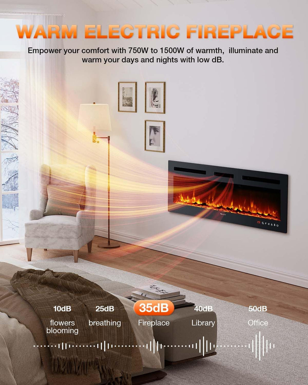 Electric Fireplace 60Inch Wall Mounted Electric Fireplace Heater with Timer Inserts TV Stand