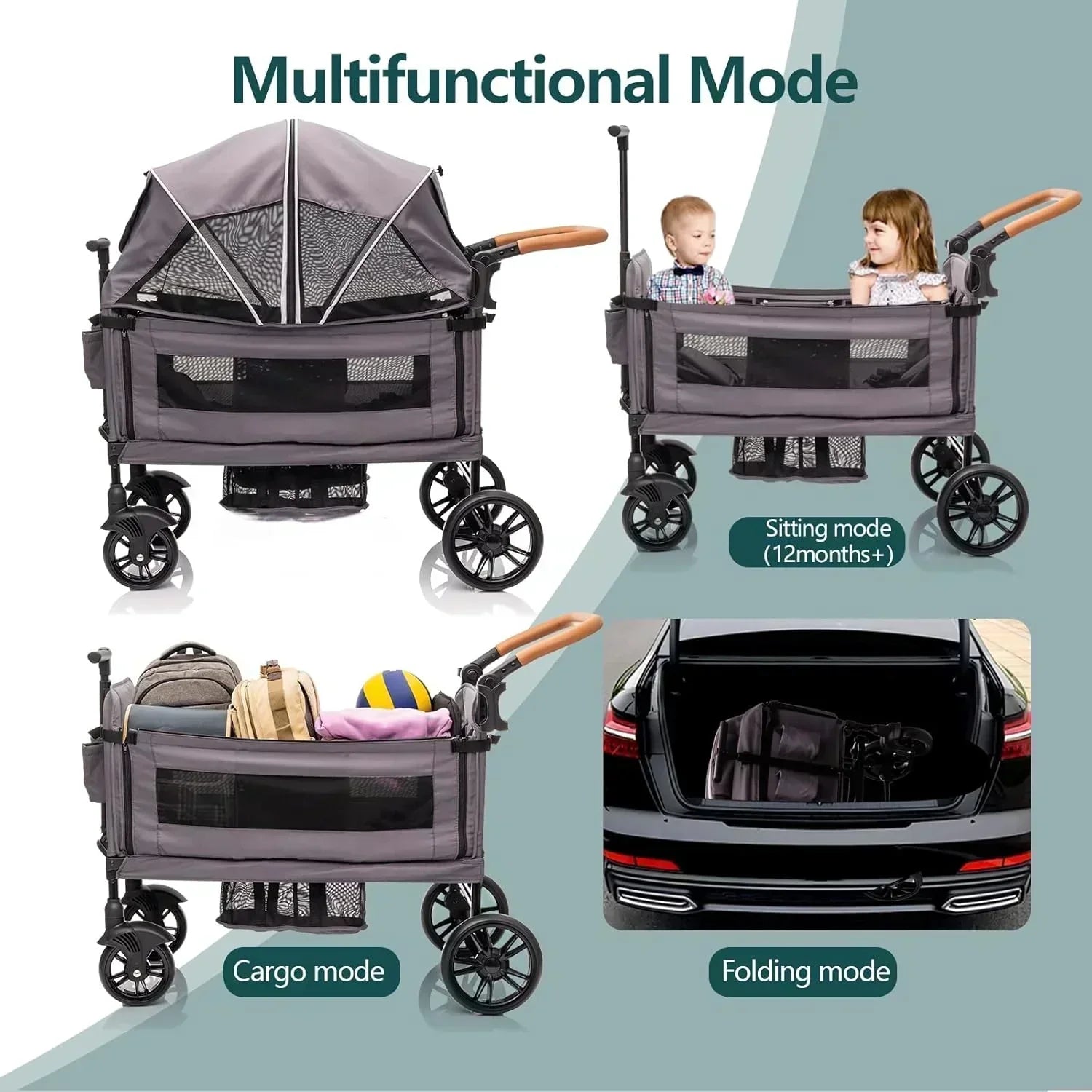 Wagon Stroller for 2 Kids Cargo-Travel Stroller Push-Pull Double Wagon Lightweight Folding Stroller