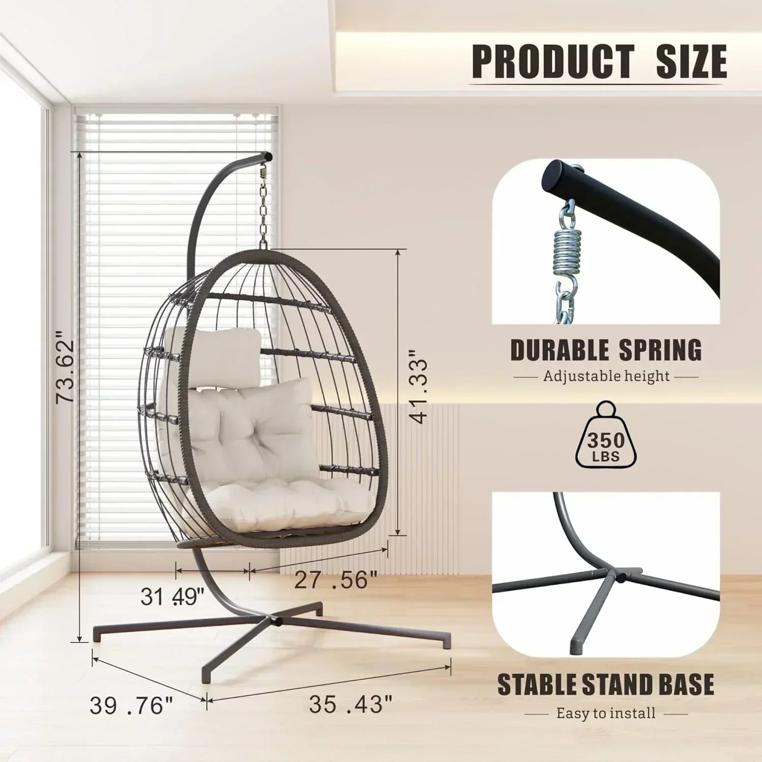HWB Hanging Egg Chair with Stand Patio Wicker Hammock Egg Swing Chair Cushion for Bedroom
