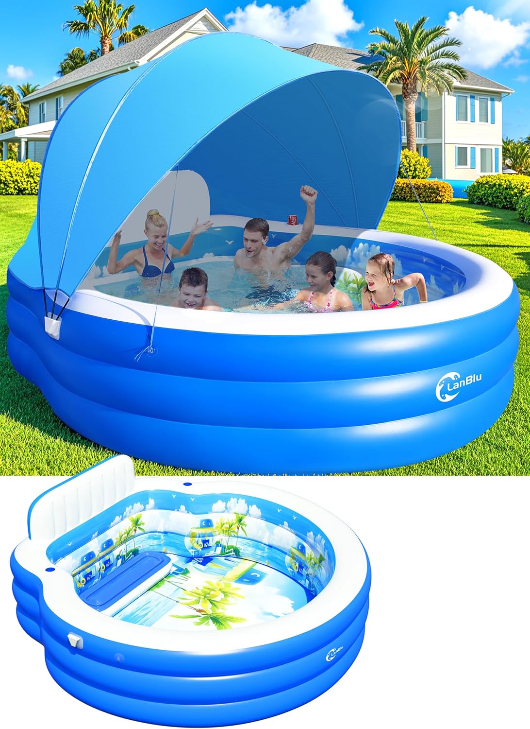 2025 Upgraded Inflatable Pool with Canopy Inflatable Family Lounge Pool Round Blow Up Pool