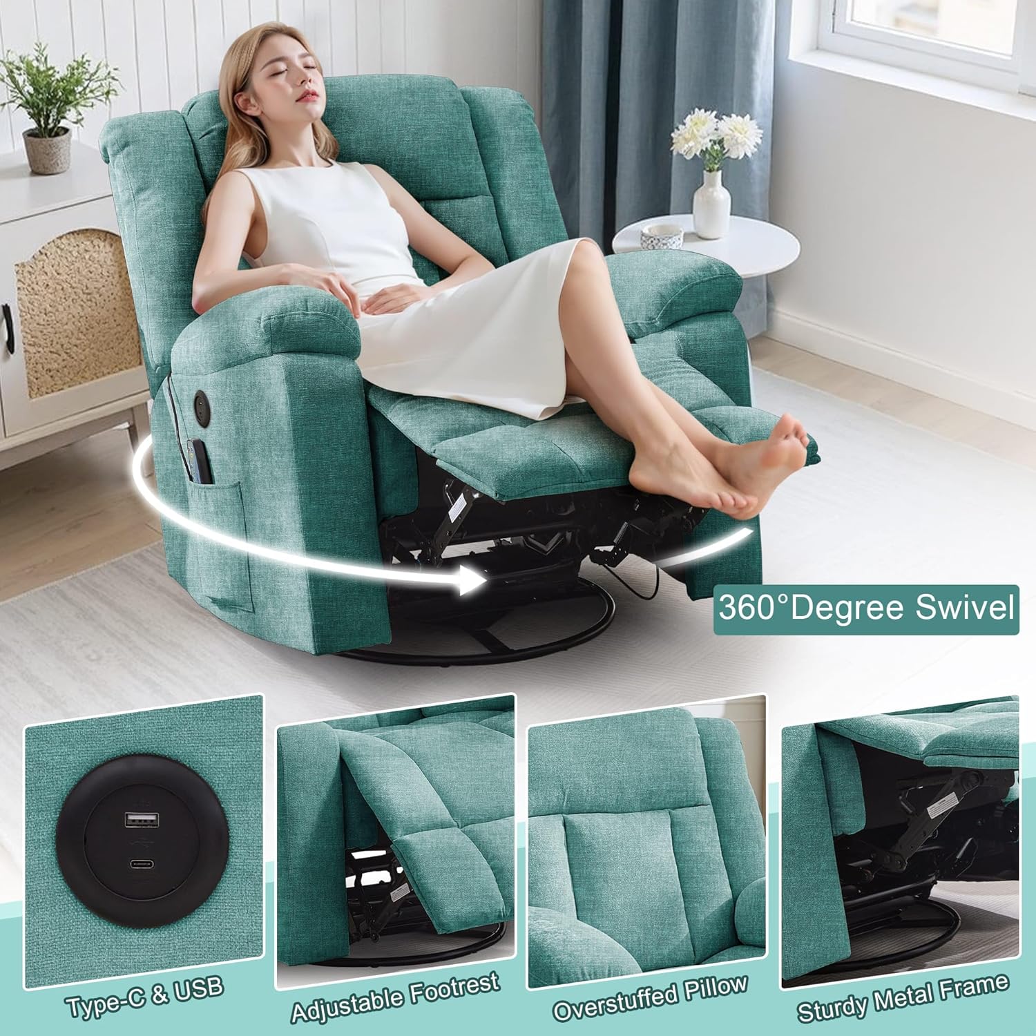 Rocker Recliner, Glider Recliner Chairs for Adults, 360�� Swivel Rocking Chair with Massage and Heating, Nursery Chair