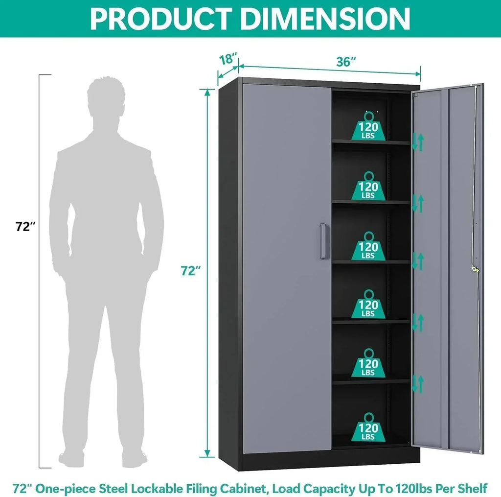 Metal Storage Cabinet with 2 Doors and 6 Shelves Black Metal Cabinet Garage Storage Cabinet