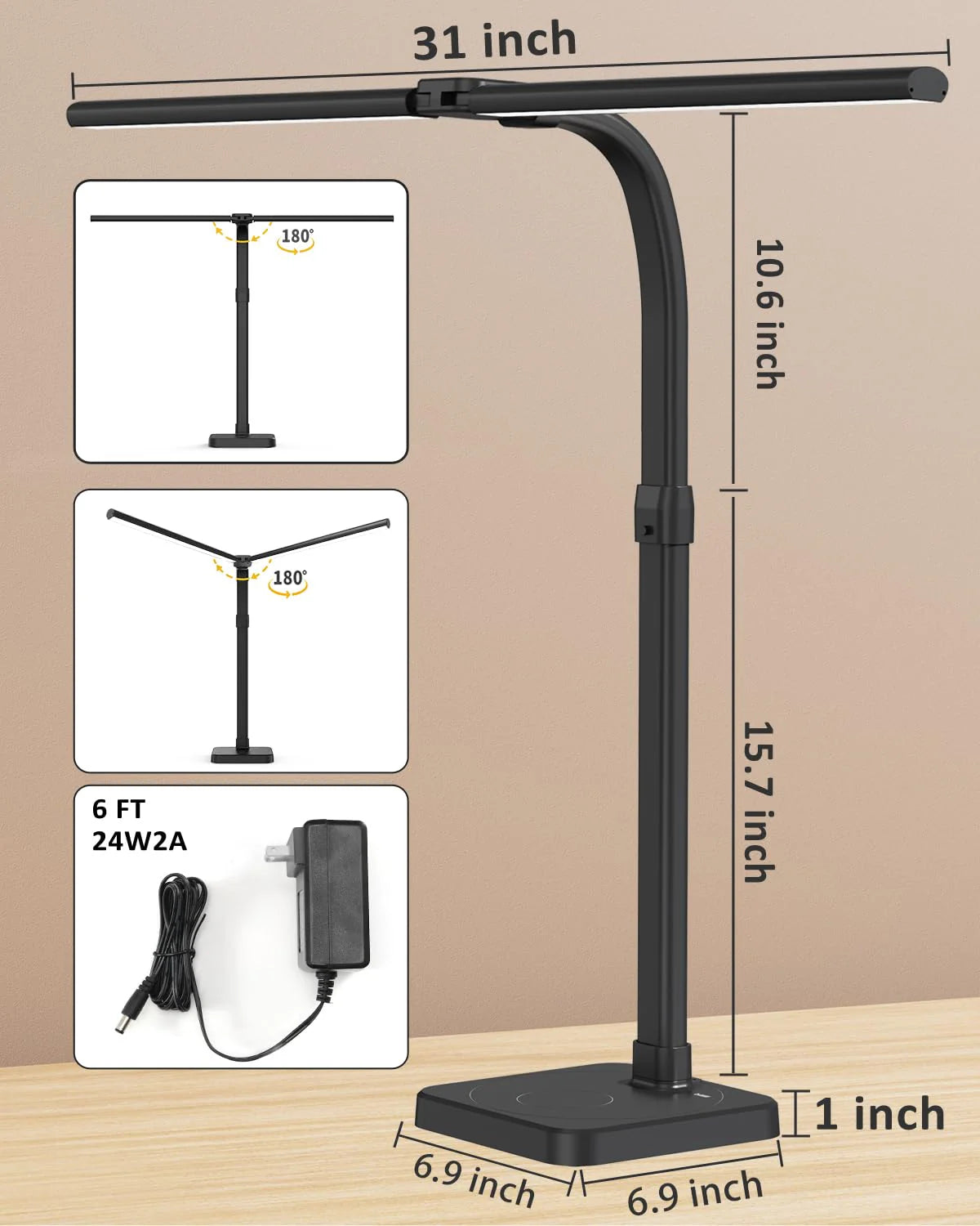 LED Desk Lamp for Home Office Double Head 24W Architect Light with 5 Brightness Levels Flexible Gooseneck
