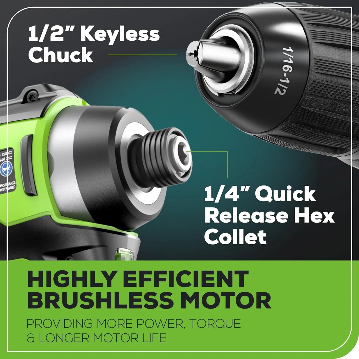 24V Brushless Cordless Drill and Impact Driver,Power Tool Combo Kit Included 1/2�M��rill & 1/4�M��ex Impact Driver and (2) Batteries, Fast Charger, 2 pcs Drill Bit Set & Bag