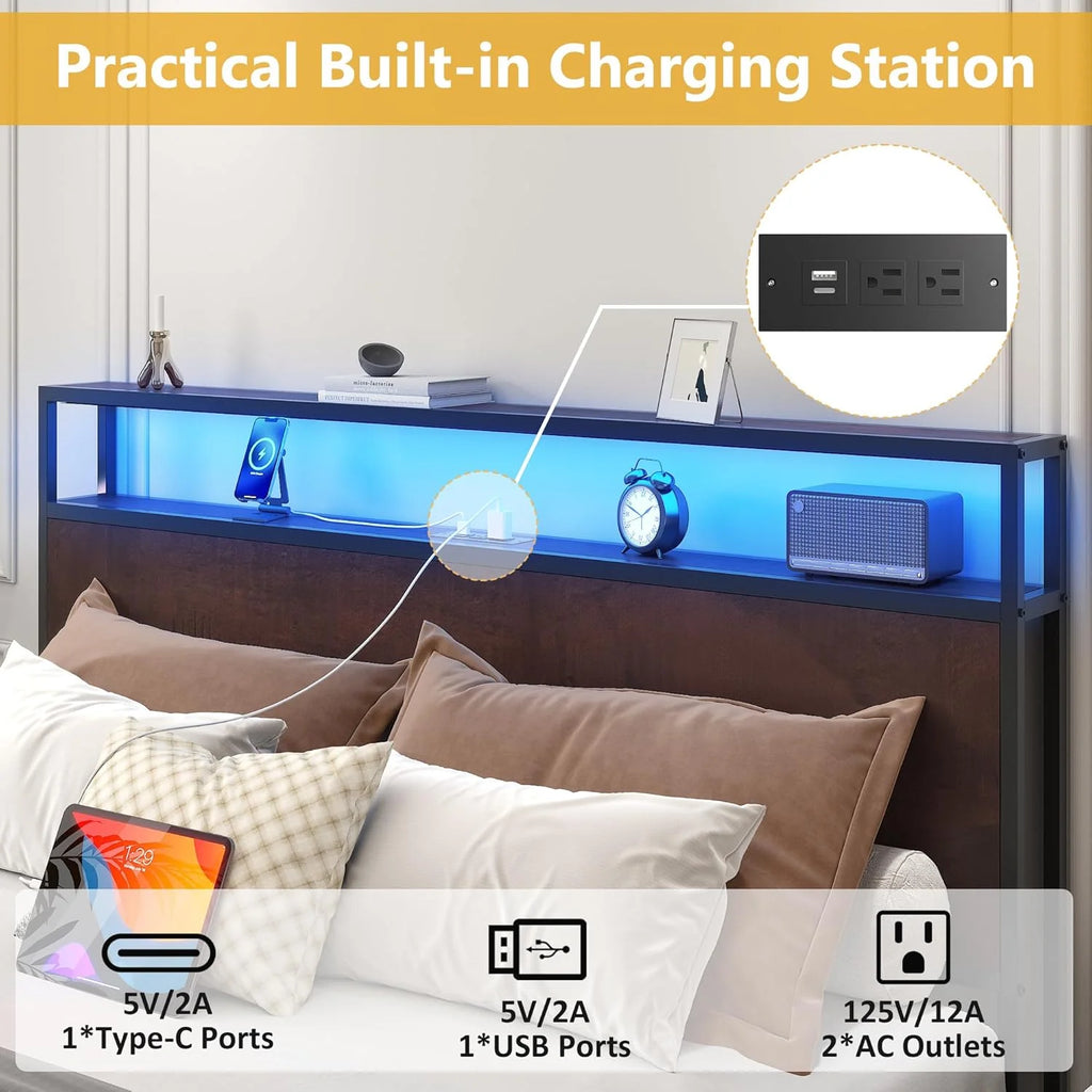 Lifezone Queen Bed Frame with 2-Tier Storage Headboard, Metal Platform Bed Frame with 4 Storage Drawers, Built in Charging Station & LED, Noise-Free/Metal Support/No Box Spring Needed