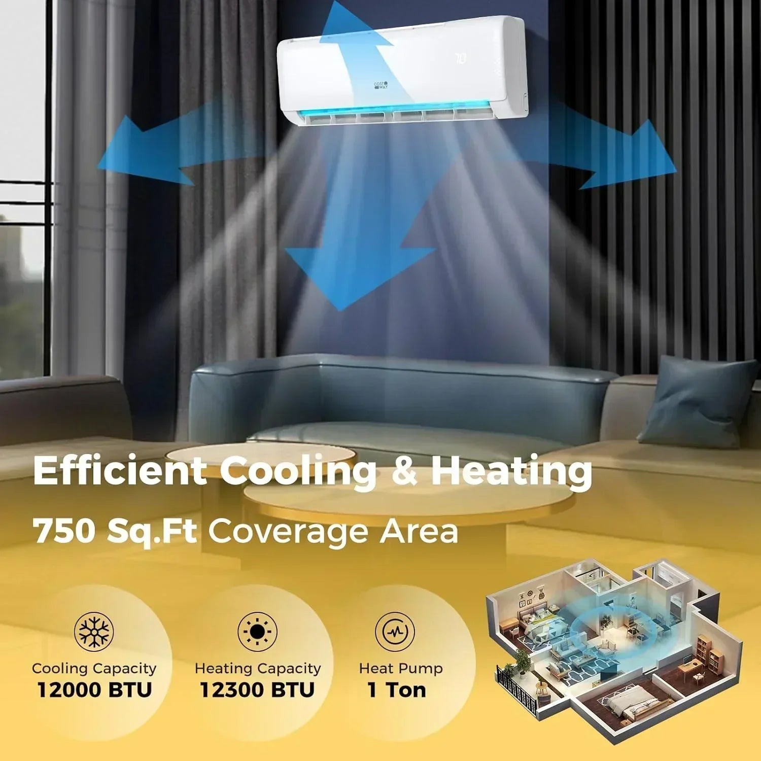COSTWAY 12000BTU Mini Split Air Conditioner Heater 20 SEER2 115V Wall-Mounted Ductless