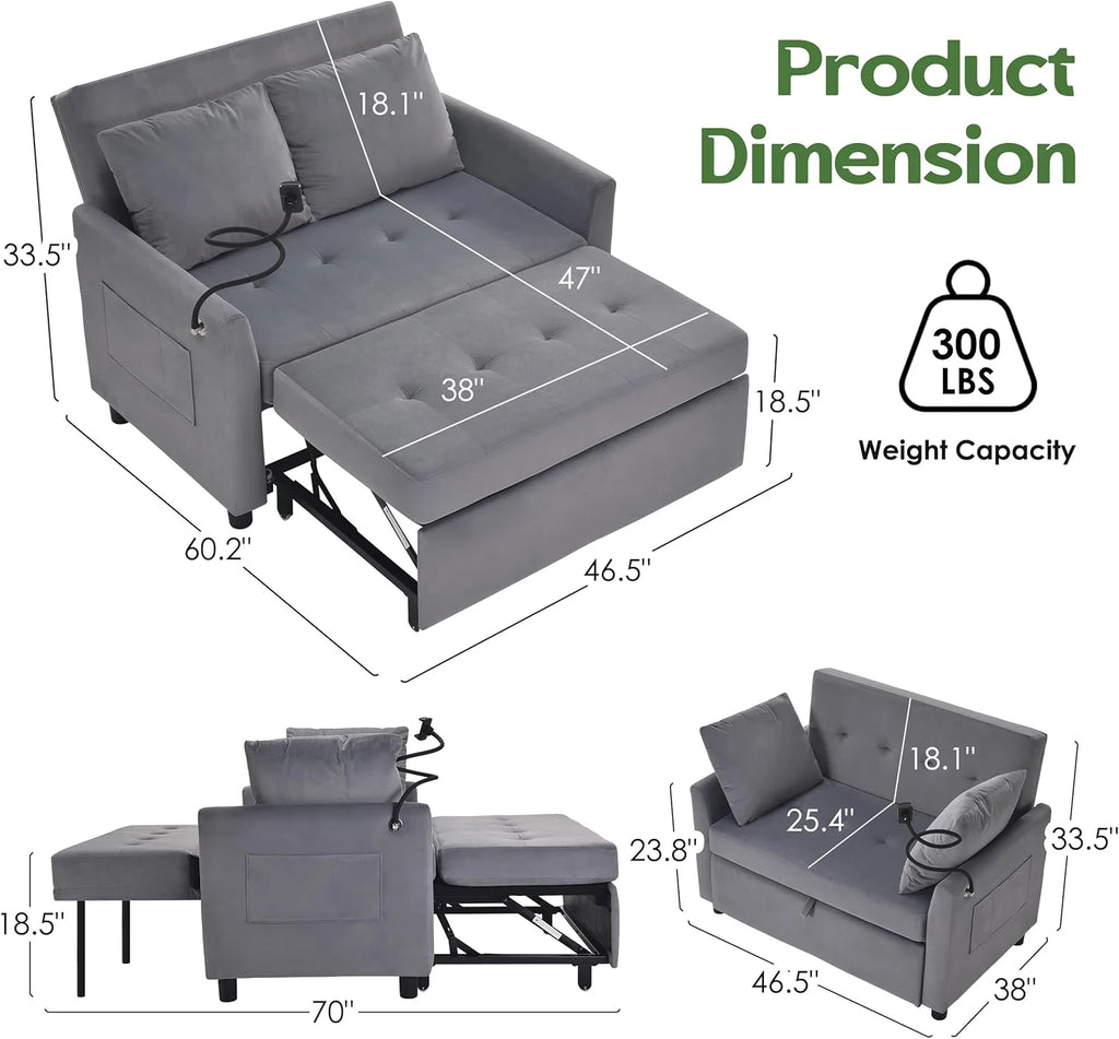 Sleeper Sofa Bed, 3 in 1 Convertible Sleeper Couch Bed Pull Out, Small Loveseat Sofa, Futon Sofa Bed Full Size, 46 Velvet Love Seat