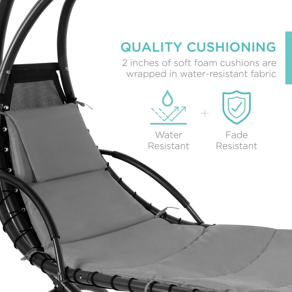 Best Choice Products Outdoor Hanging Curved Steel Chaise Lounge Chair Swing w/Built-in Pillow and Removable Canopy - Teal