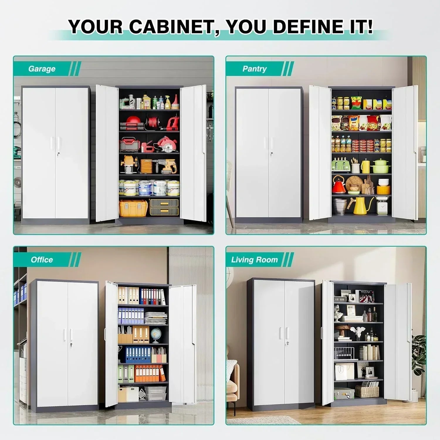 Metal Storage Cabinet with 2 Doors and 6 Shelves Black Metal Cabinet Garage Storage Cabinet