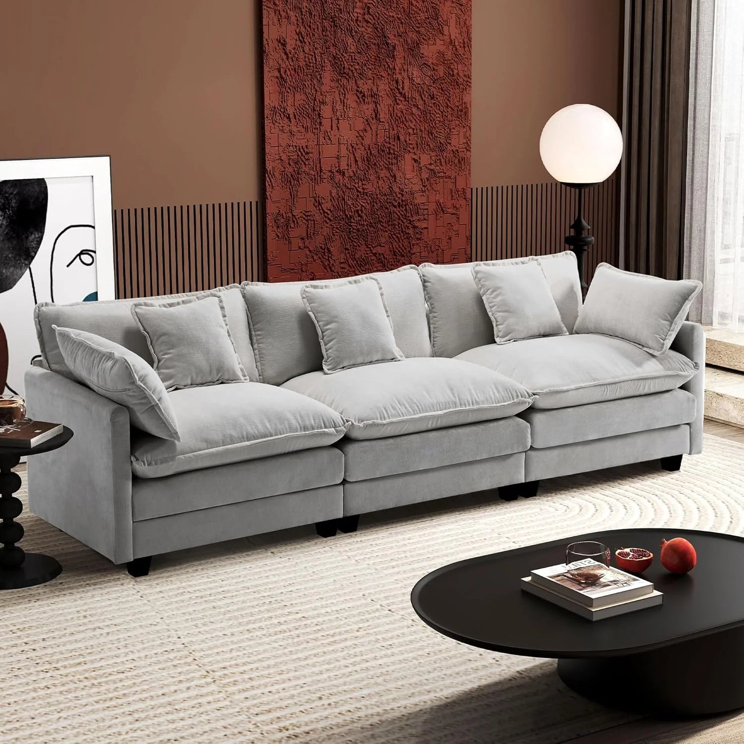 Ihanherry 146 U-Shaped Modern Sofa Modular Sectional Cloud Couch with 2 Ottoman, 6-Seat Chenille Deep Seat Sofa with 6 Pillows for Living Room, Bedroom and Apartment, Grey