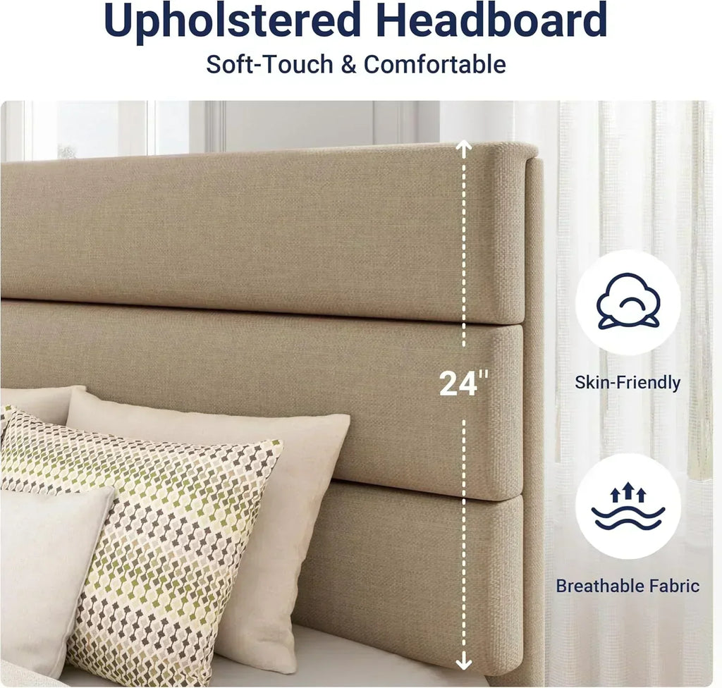 Allewie Queen Size Platform Bed Frame with Fabric Upholstered Headboard Wooden Slats Support