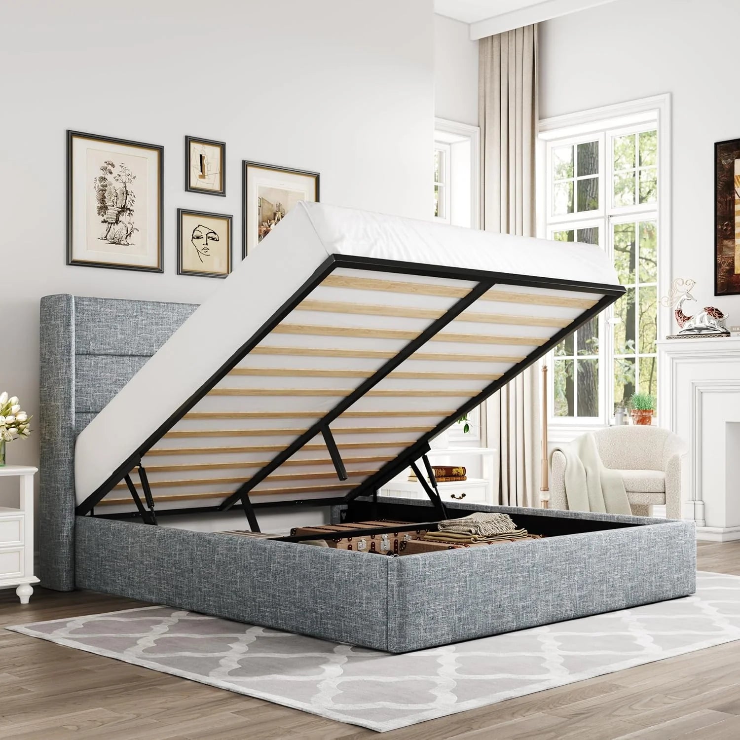 Allewie Queen Size Lift Up Storage Bed Modern Wingback Headboard Hydraulic Support
