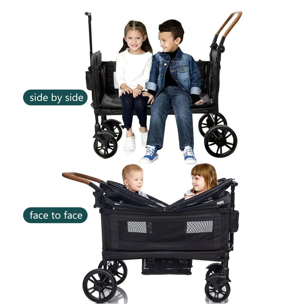 Wagon Stroller for 2 Kids Cargo-Travel Stroller Push-Pull Double Wagon Lightweight Folding Stroller
