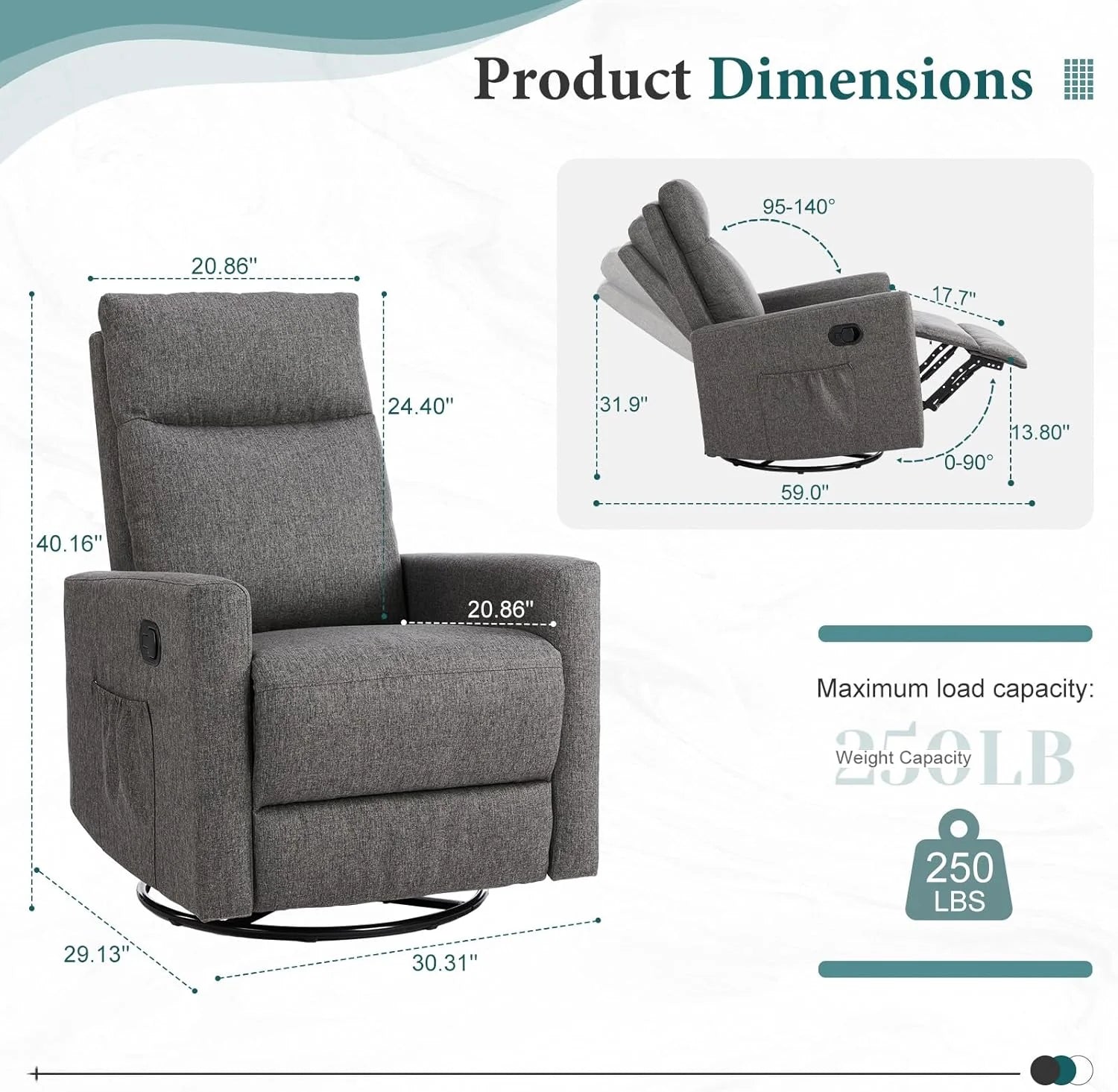 DUMOS Recliner Chair for Adults, Massage Reclining Chair for Living Room, Adjustable Home Theater Seating Single Sofa with Padded Seat Backrest and Footrest, Linen, Grey