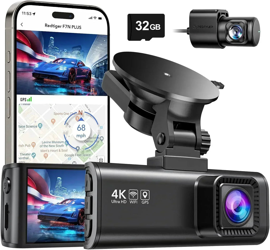 Dash Cam Front Rear 4K/2.5K Full HD Dash Camera for Cars Included 32GB Card Built-in Wi-Fi GPS