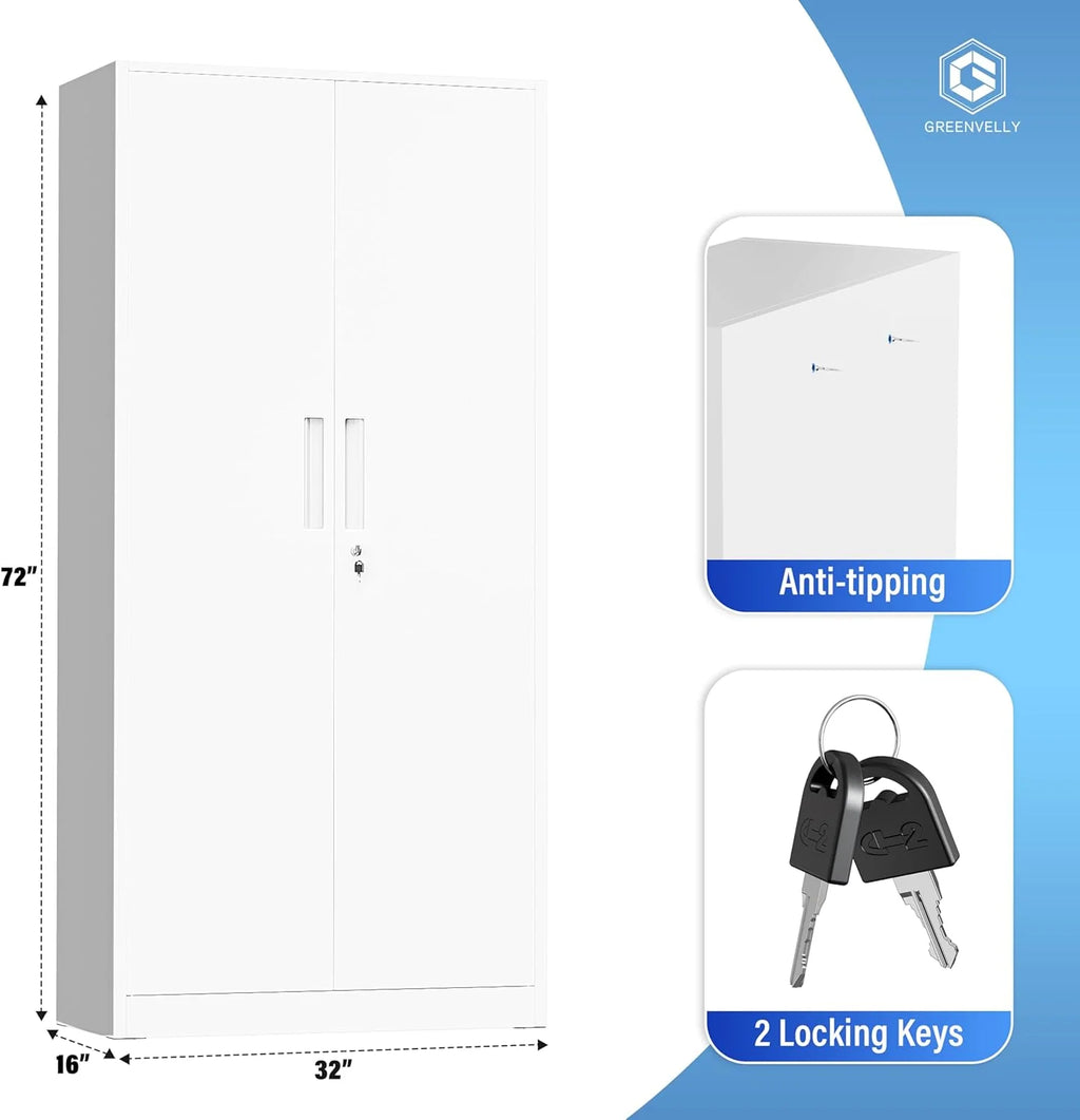 Greenvelly Metal Storage Cabinet, 72 Black Locking Metal Cabinet with 2 Doors and 4 Adjustable Shelves, Lockable Garage Storage Cabinets for Home Office, Garage, Kitchen, Living Room